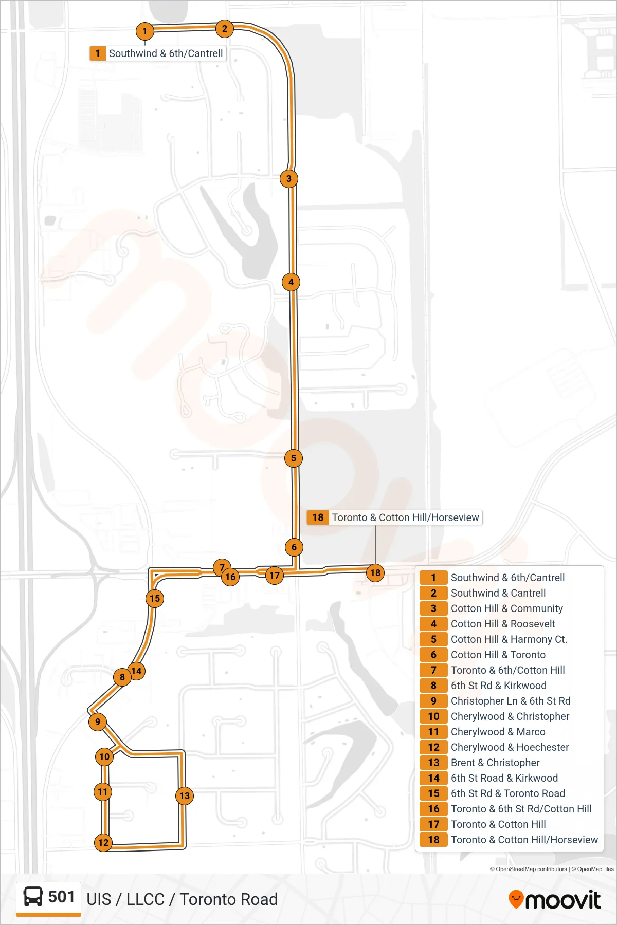 501 bus Line (501 Lake Pointe) route and stops on a map