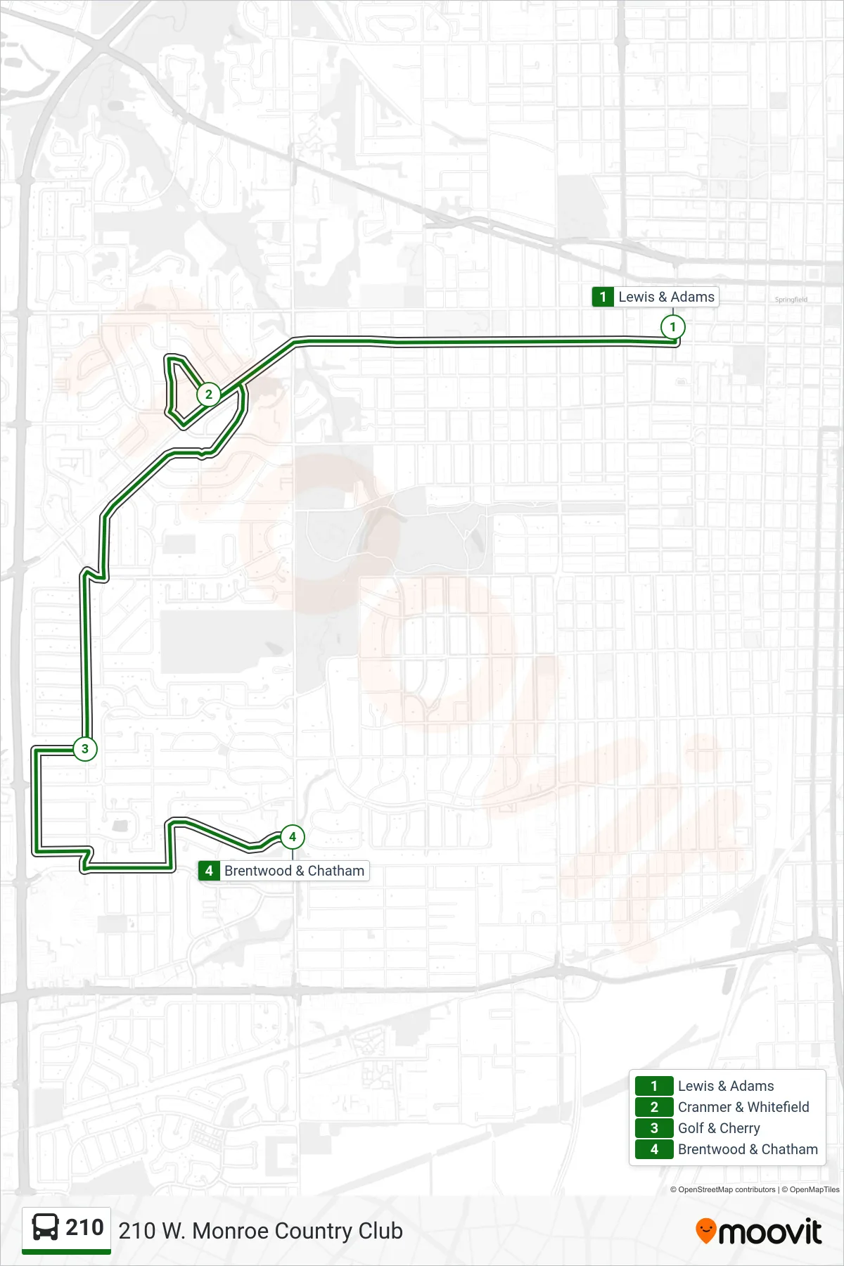 210 bus Line (210 W. Monroe Country Club) route and stops on a map