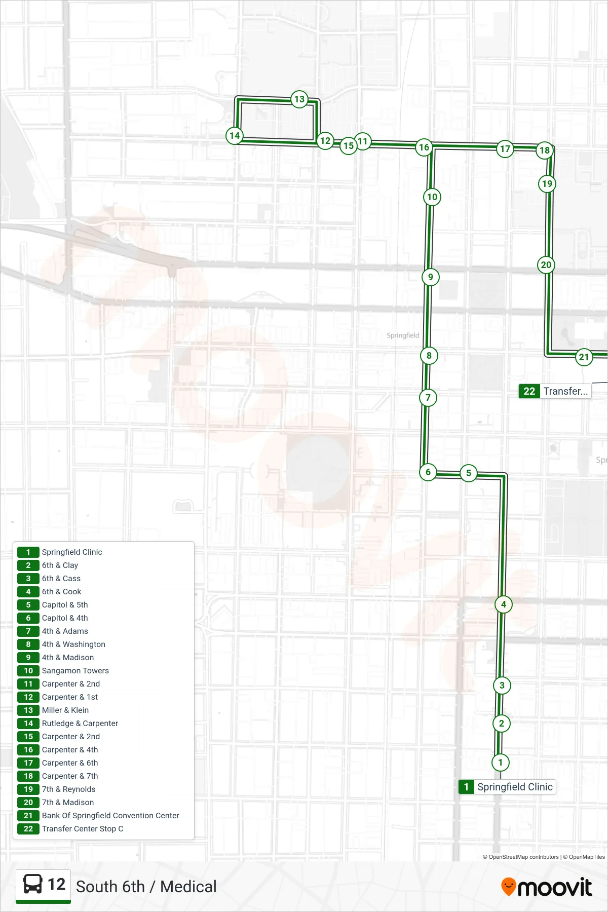 12 bus Line (12 South 6th Medical) route and stops on a map