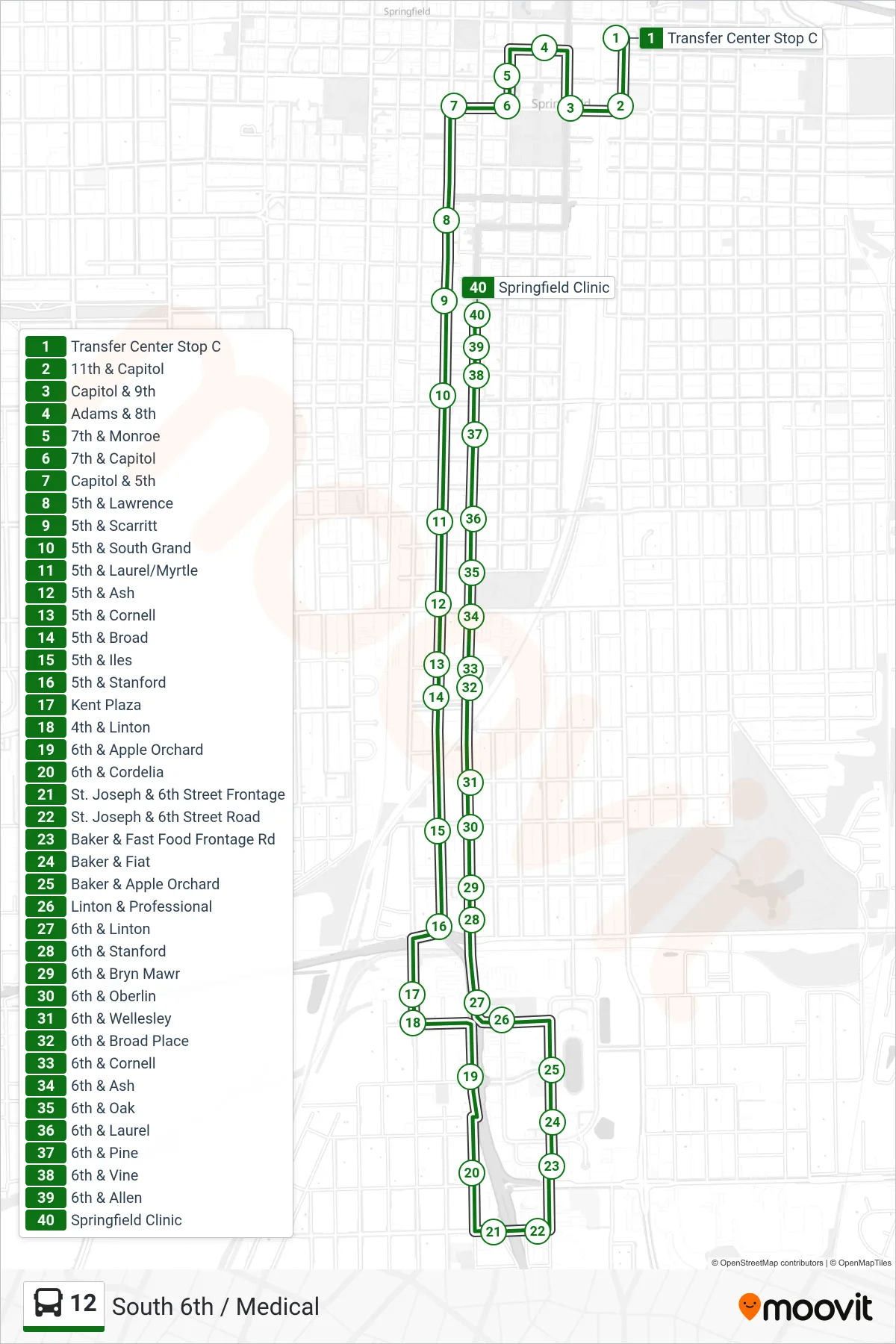 12 bus Line (12 South 6th Medical) route and stops on a map