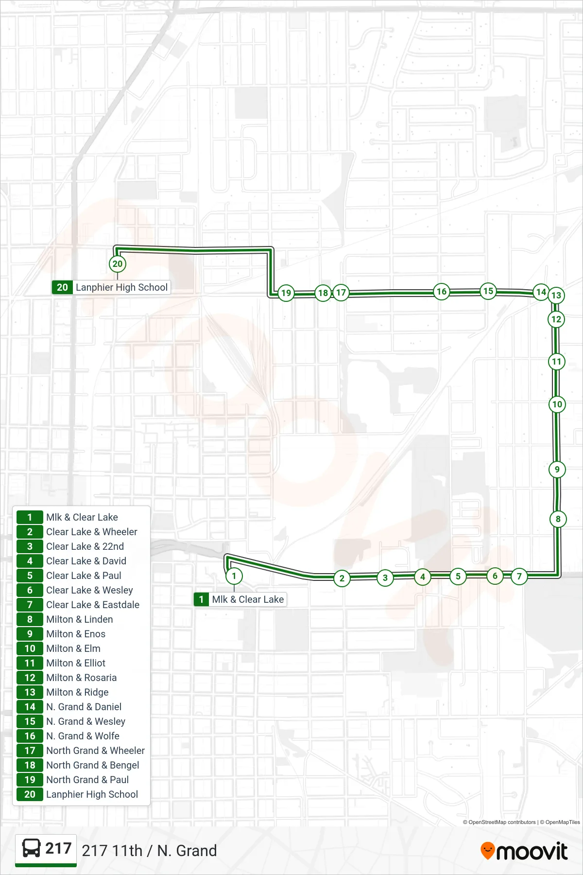 217 bus Line (217 11th / N. Grand) route and stops on a map