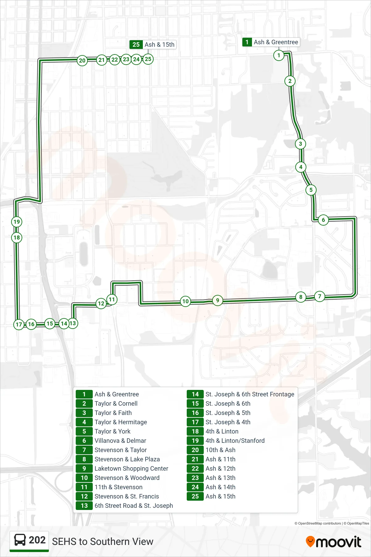 202 bus Line (202 Laketown Southern View) route and stops on a map