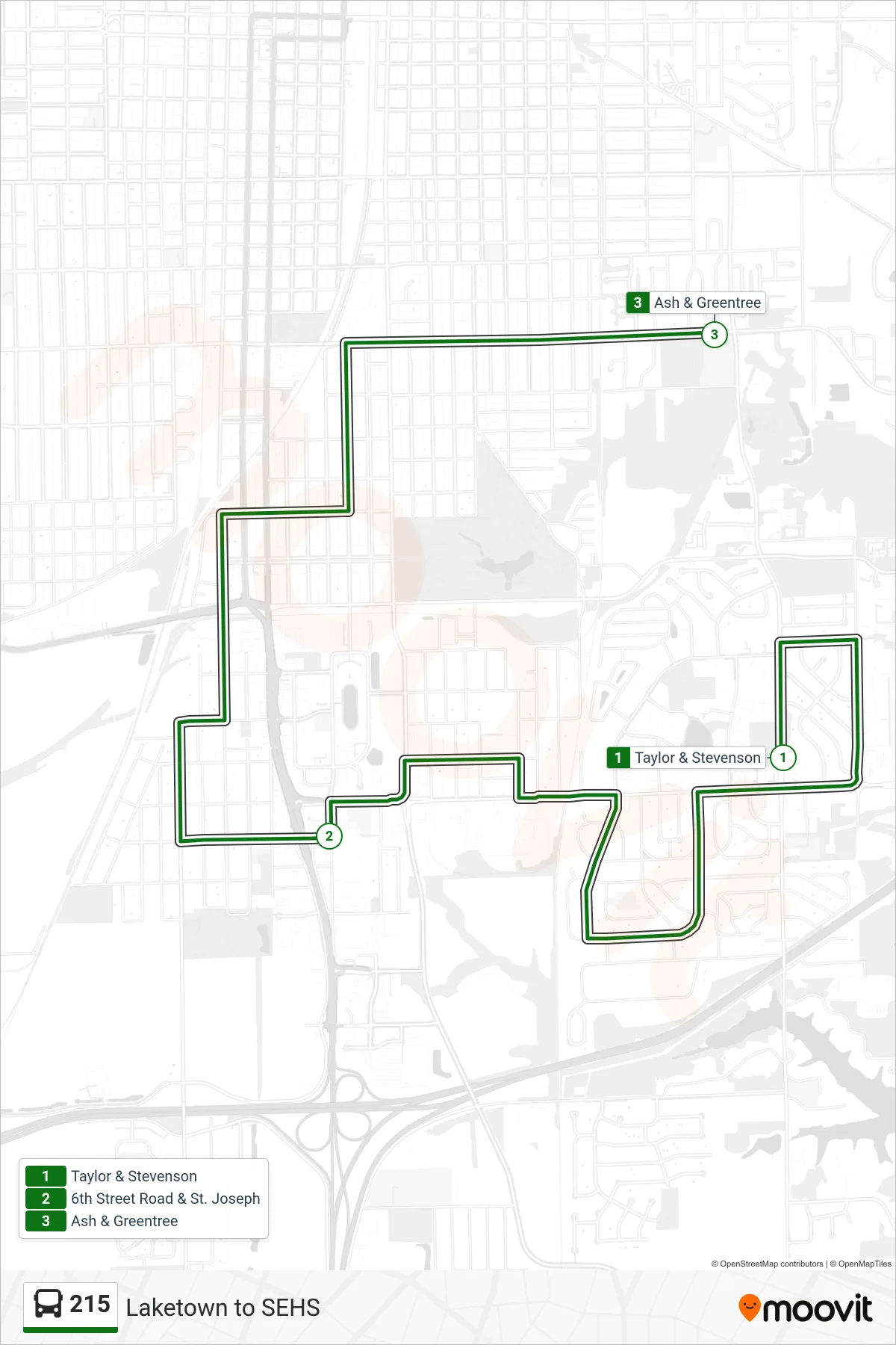 215 bus Line (215 Ash / Greentree) route and stops on a map