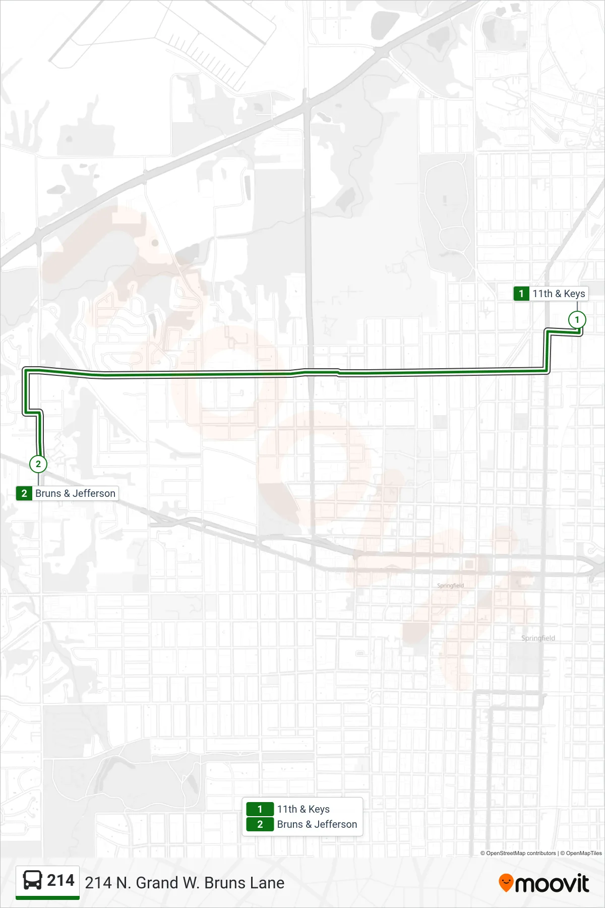 214 bus Line (214 N. Grand W. Bruns Lane) route and stops on a map