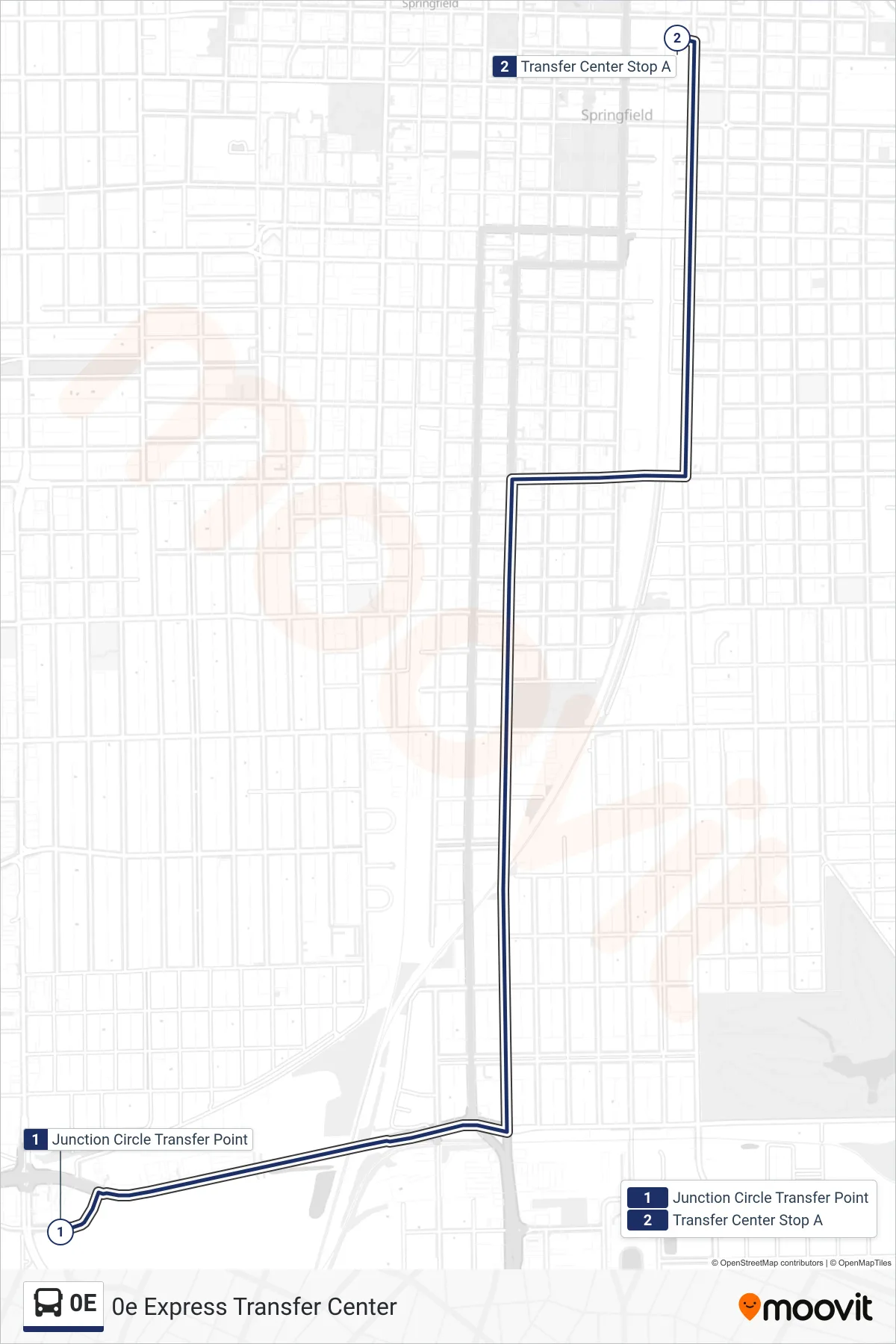 0E bus Line (0e Express Transfer Center) route and stops on a map