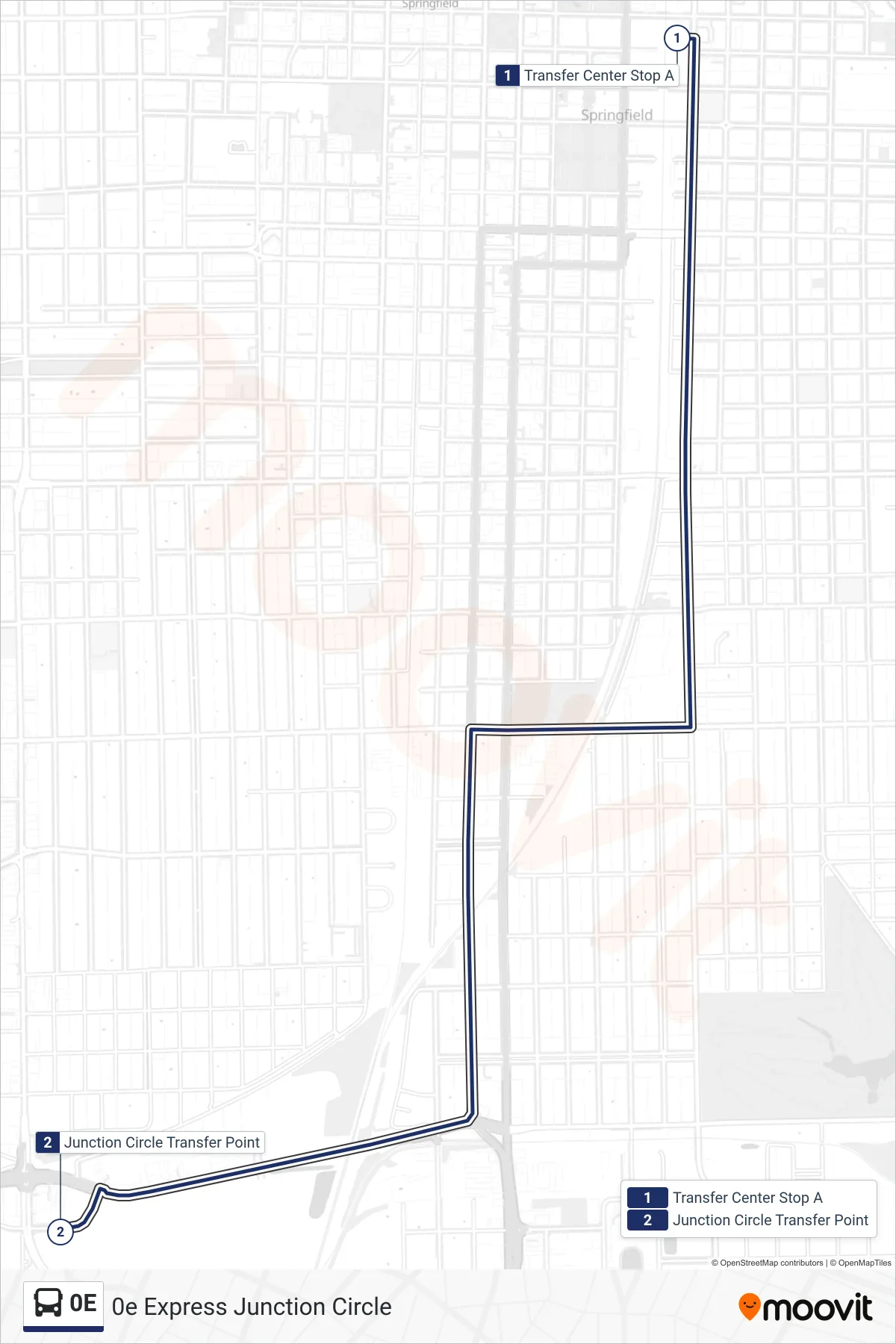 0E bus Line (0e Express Junction Circle) route and stops on a map
