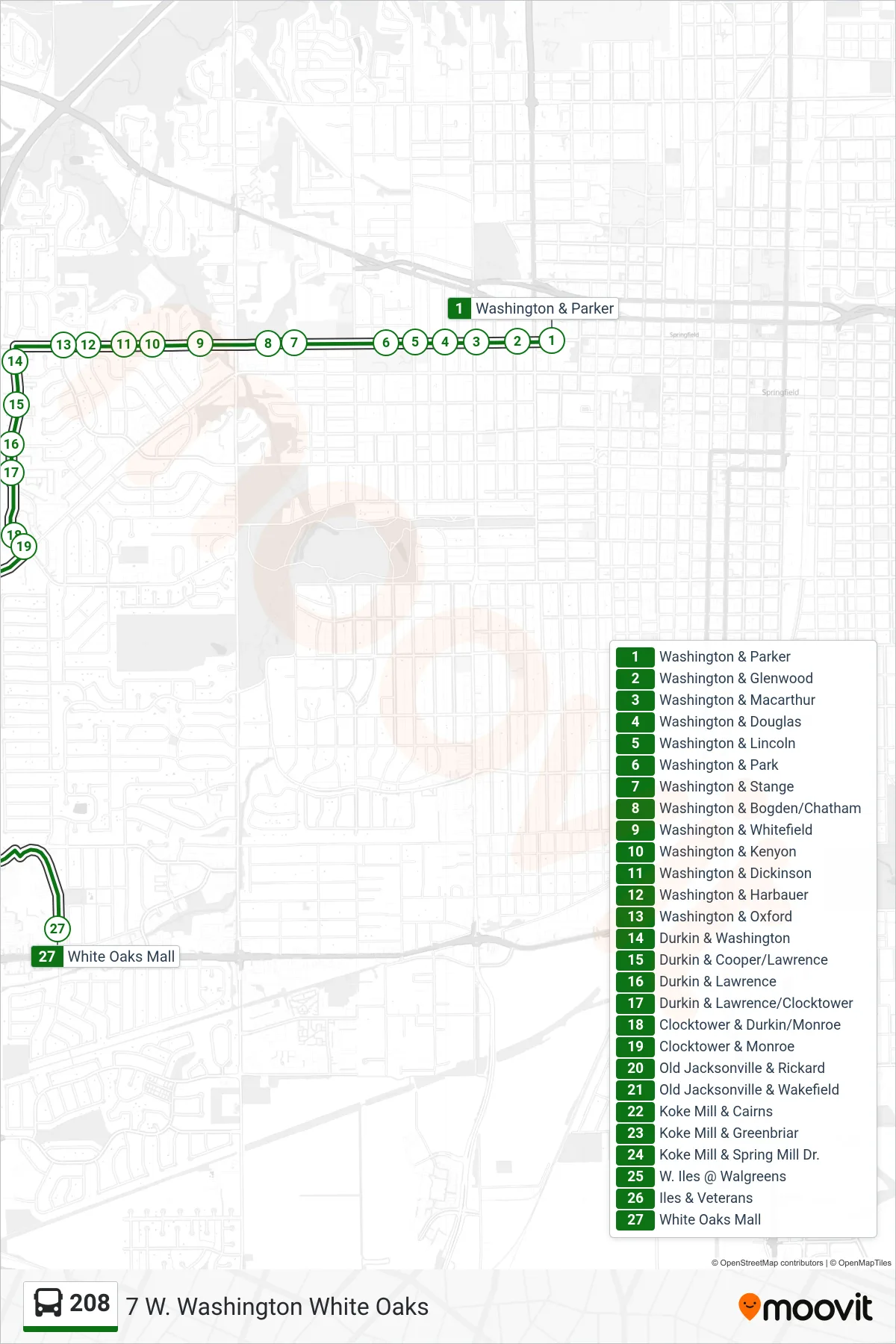 208 bus Line (7 W. Washington White Oaks) route and stops on a map