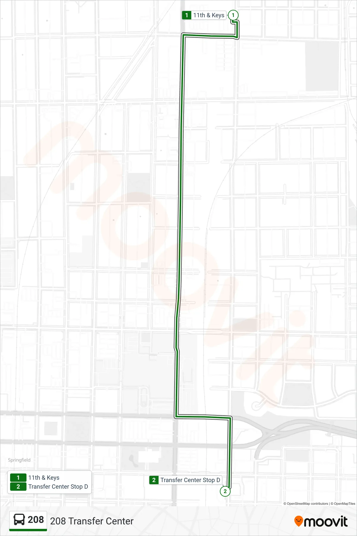 208 bus Line (208 Transfer Center) route and stops on a map