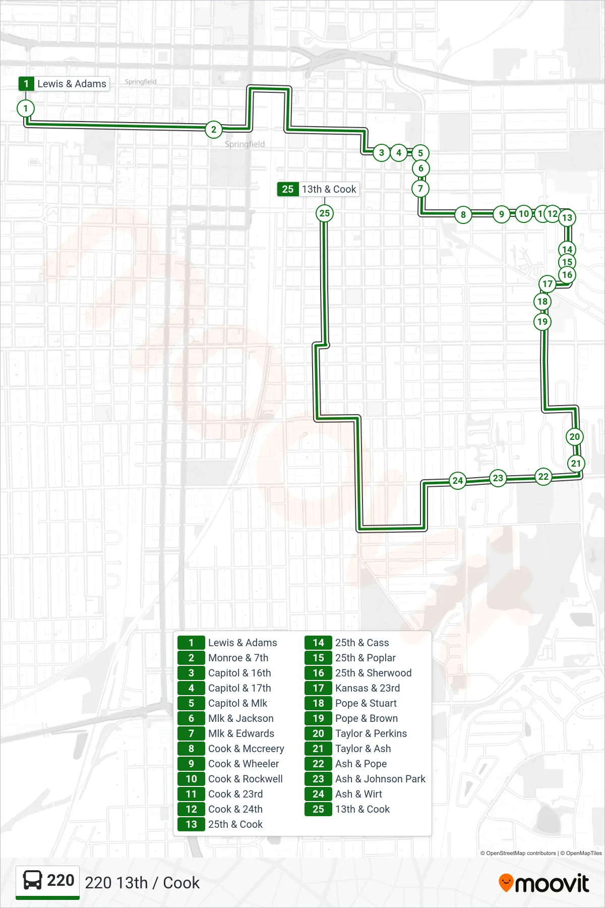 220 bus Line (220 13th / Cook) route and stops on a map