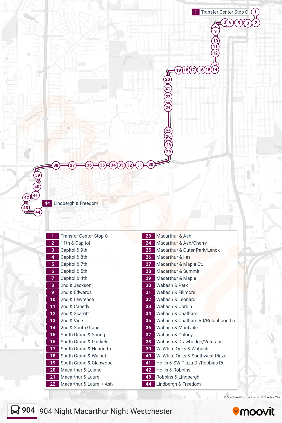 904 bus Line (904 Night Macarthur Night Westchester) route and stops on a map