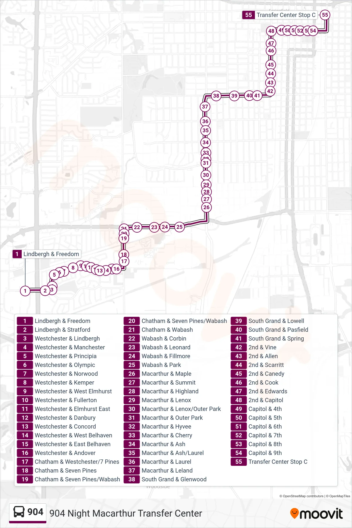 904 bus Line (904 Night Macarthur Transfer Center) route and stops on a map