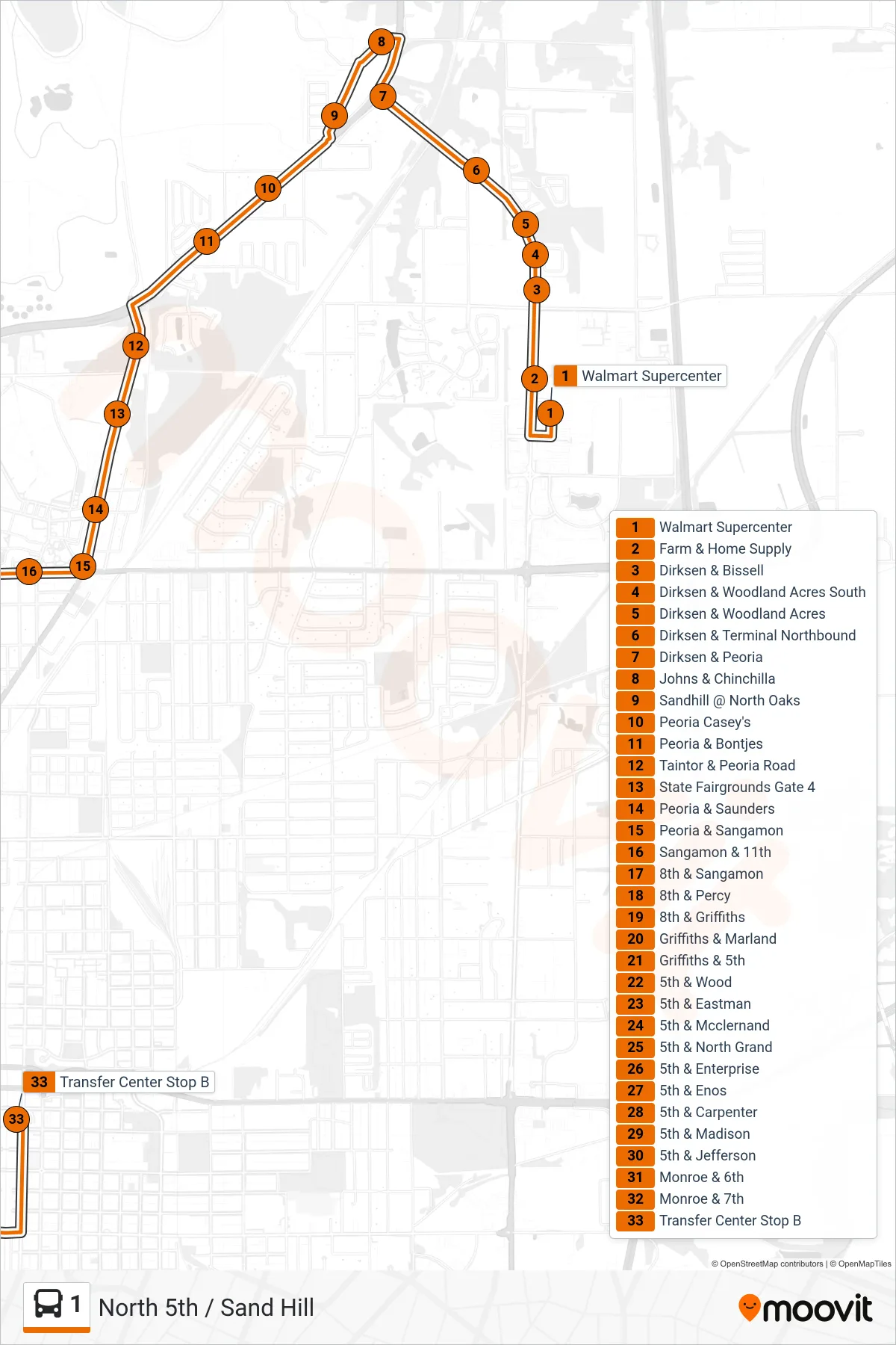 1 bus Line (1 Sandhill N. 5th Transfer Center) route and stops on a map