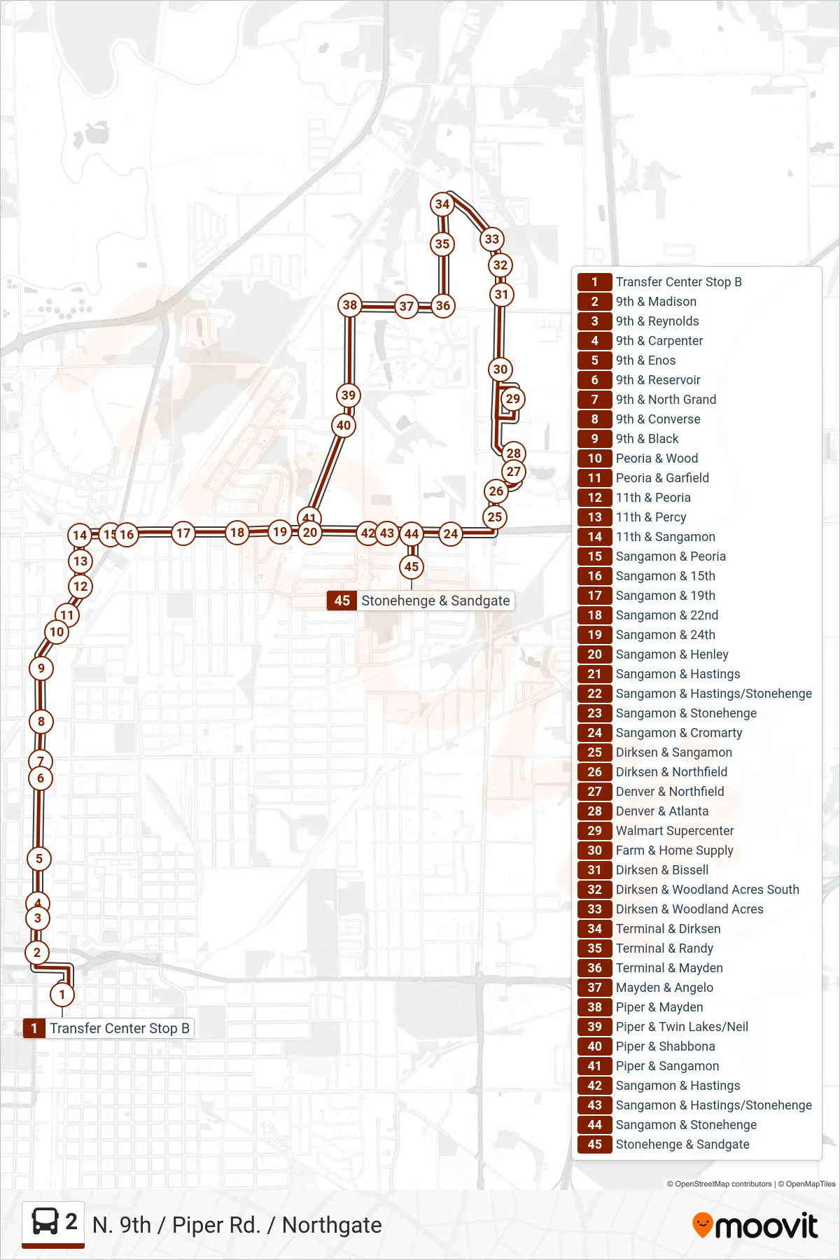 2 bus Line (2 N. 9th/Piper Walmart Northgate) route and stops on a map
