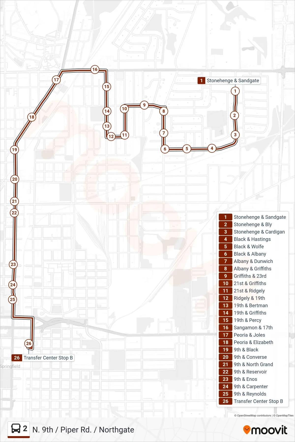 2 bus Line (2 N. 9th Transfer Center) route and stops on a map