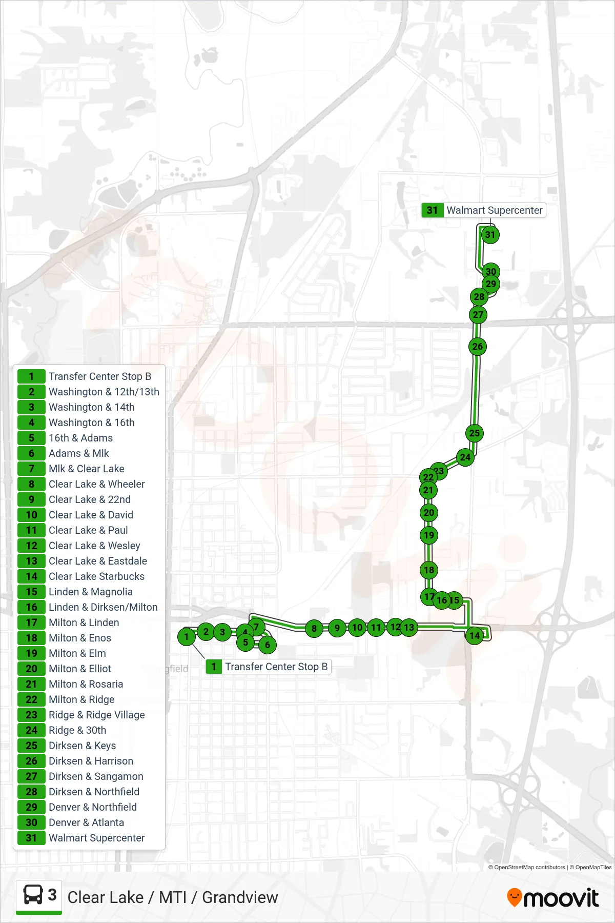 3 bus Line (3 Clear Lake Walmart) route and stops on a map