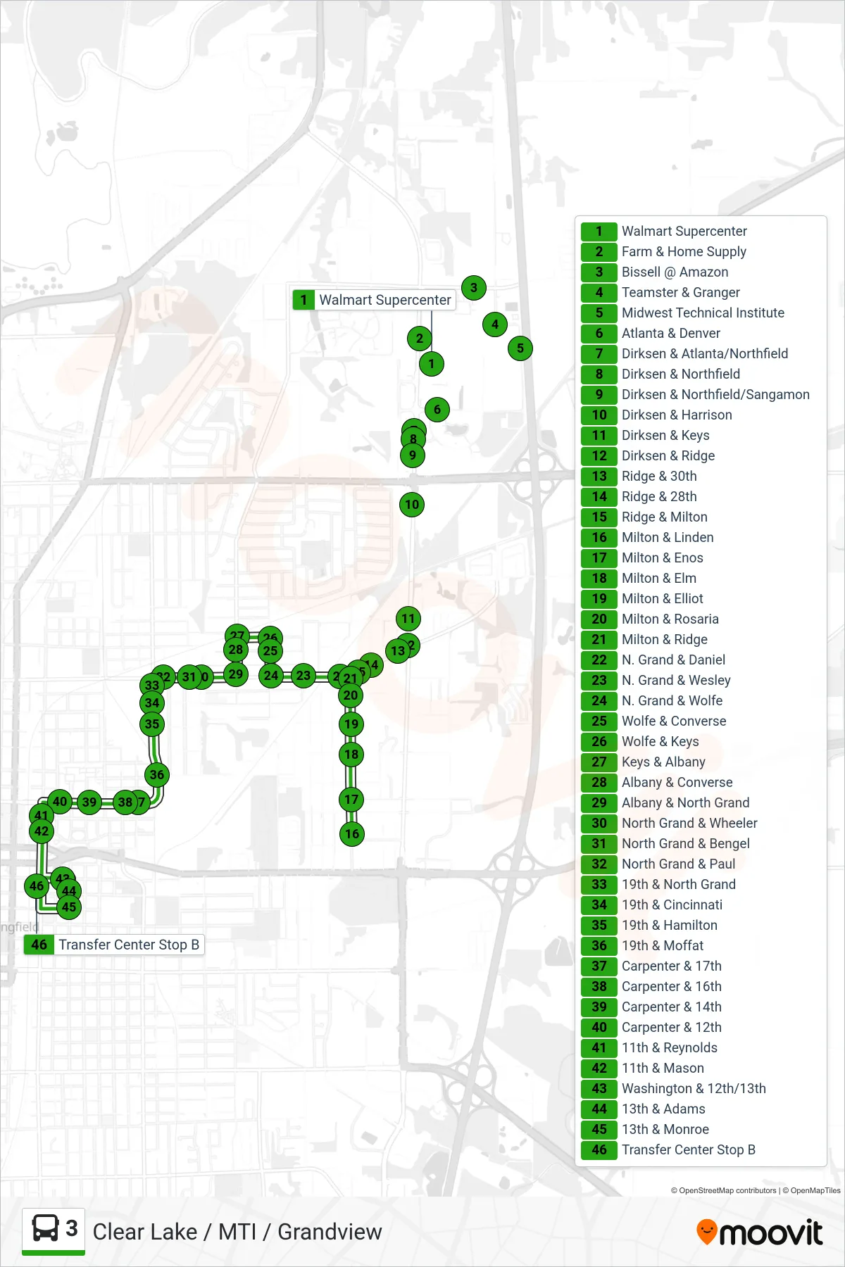 3 bus Line (3 Grandview Transfer Center) route and stops on a map