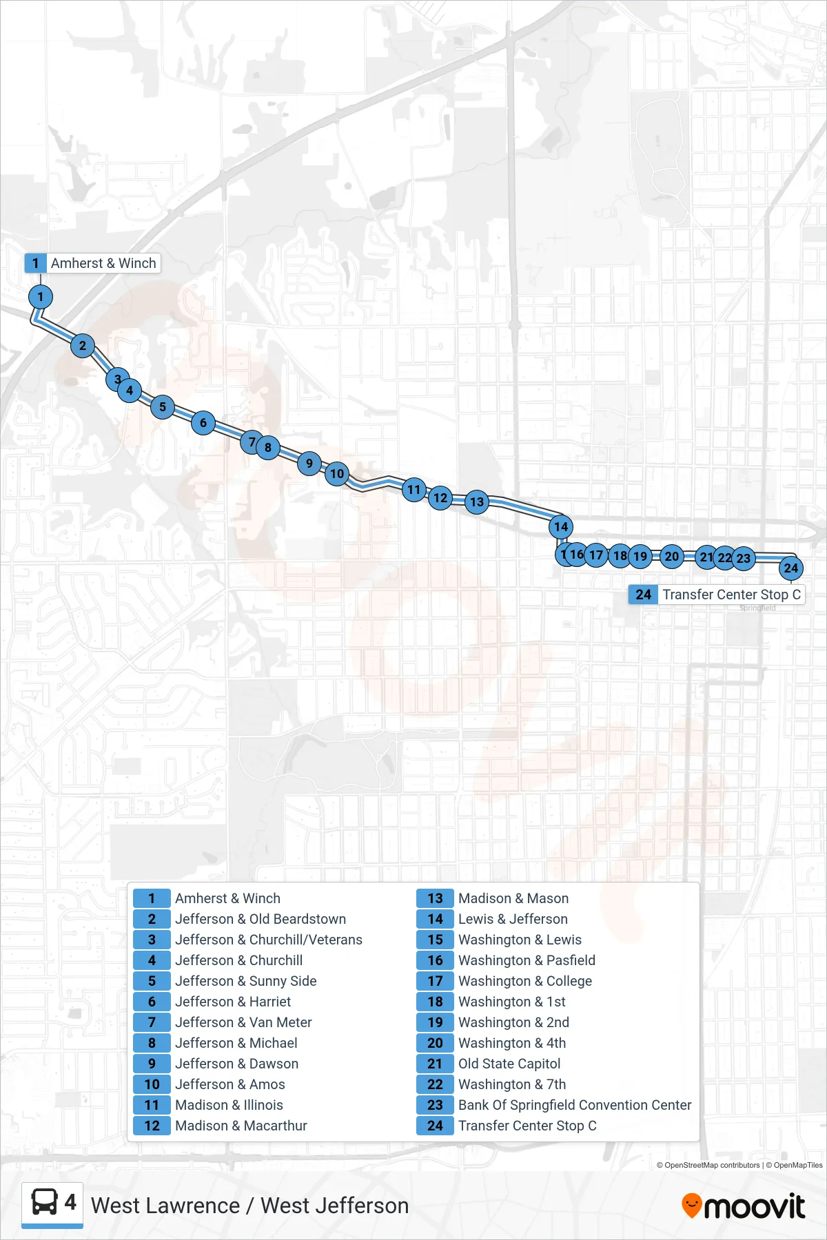 4 bus Line (4 W. Jefferson Transfer Center) route and stops on a map