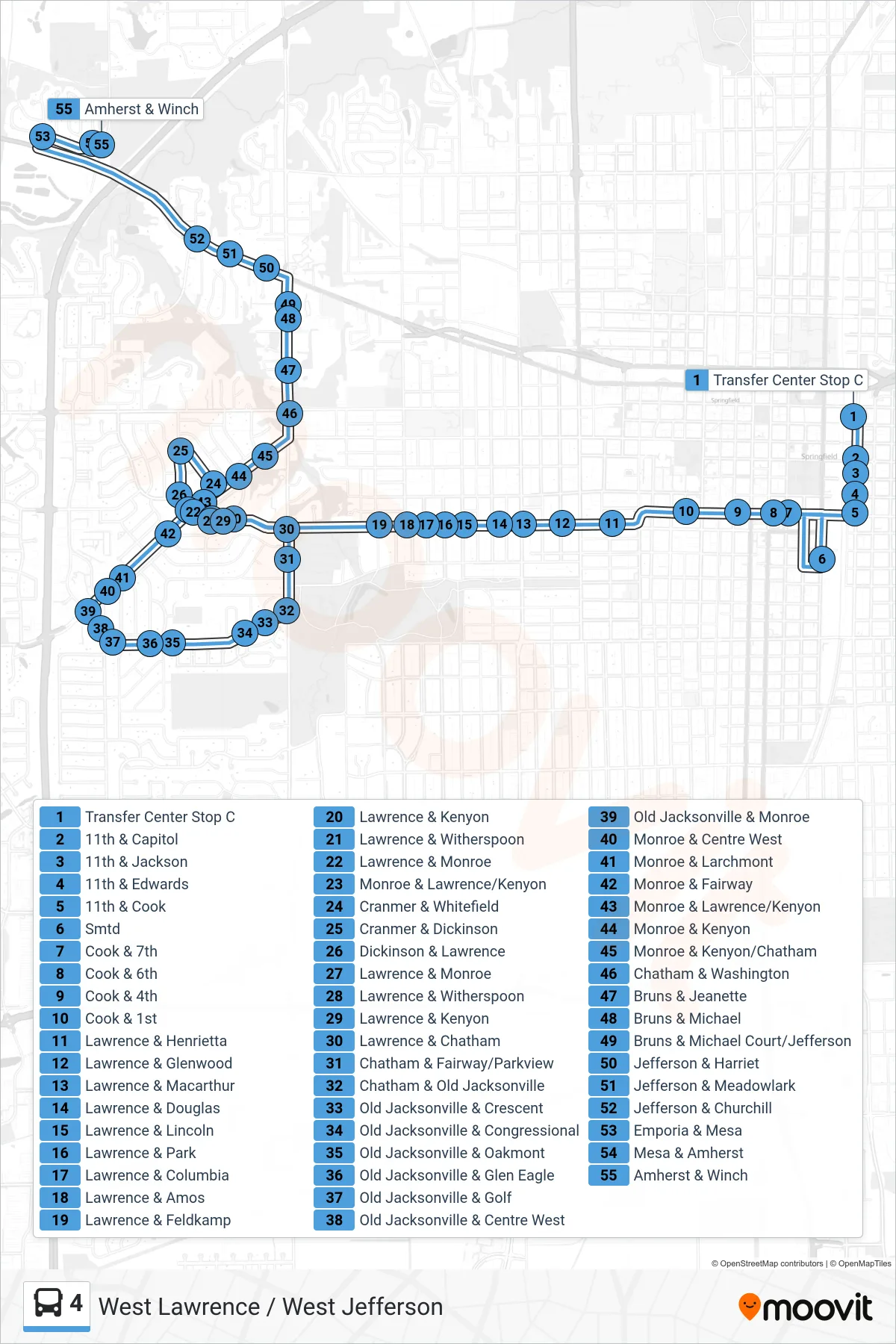 4 bus Line (4 W. Lawrence W. Monroe) route and stops on a map