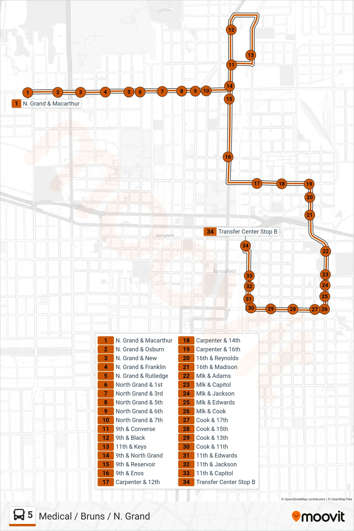 5 bus Line (5 N. Grand N. 11th Transfer Center) route and stops on a map