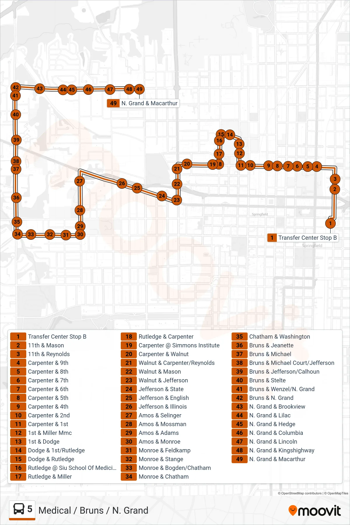 5 bus Line (5 Medical/Bruns N. Grand) route and stops on a map