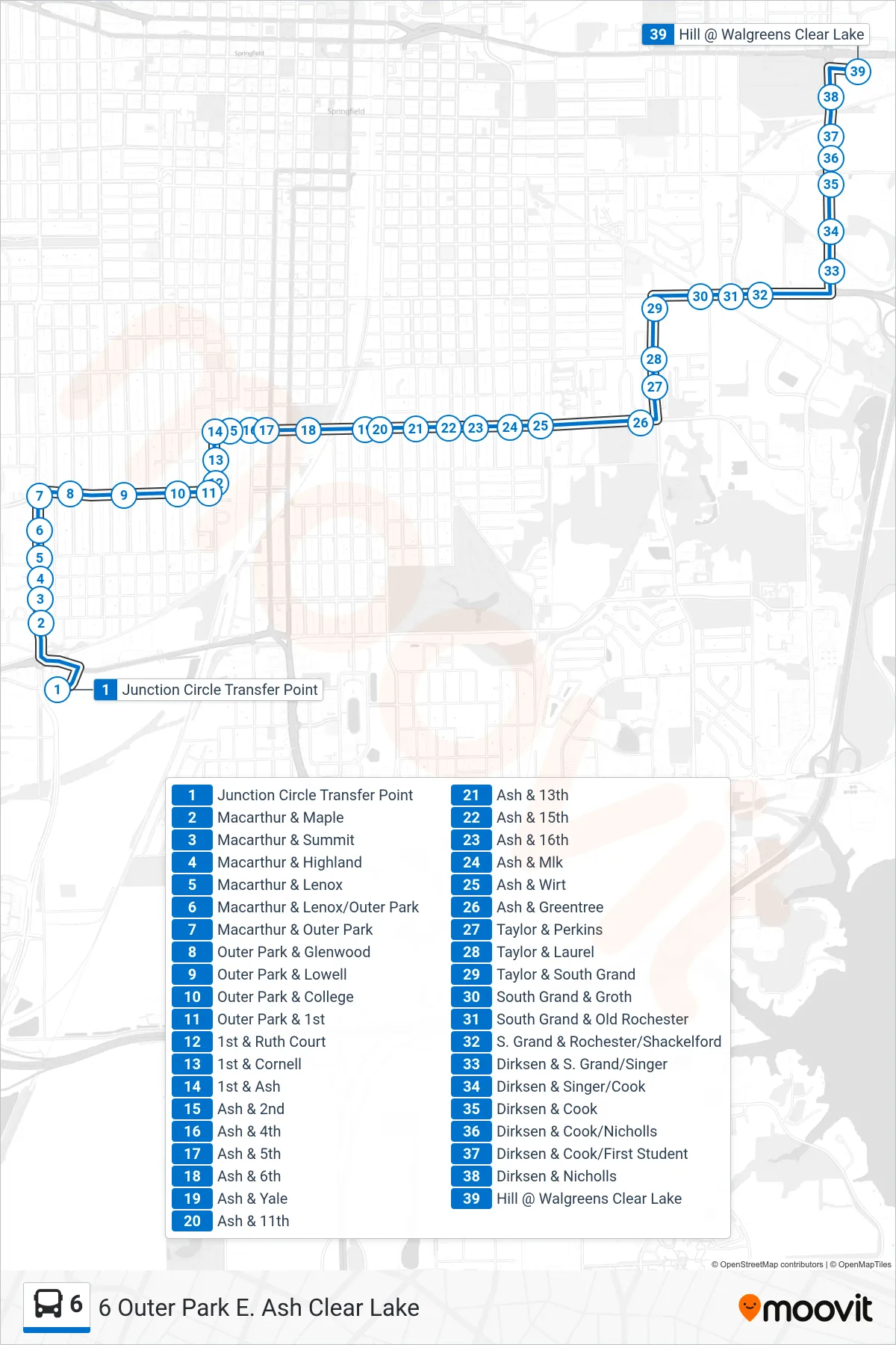 6 bus Line (6 Outer Park E. Ash Clear Lake) route and stops on a map