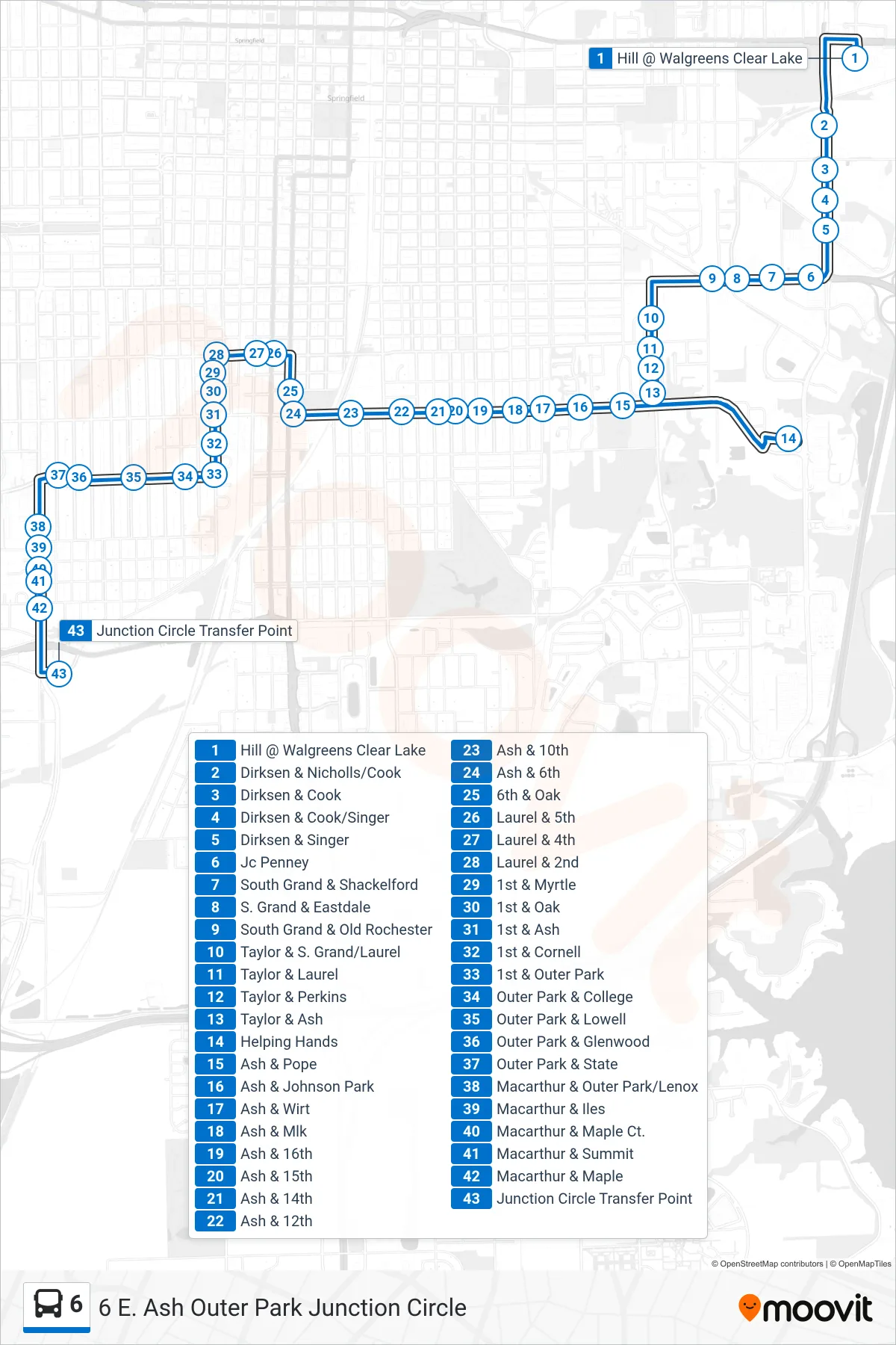 6 bus Line (6 E. Ash Outer Park Junction Circle) route and stops on a map