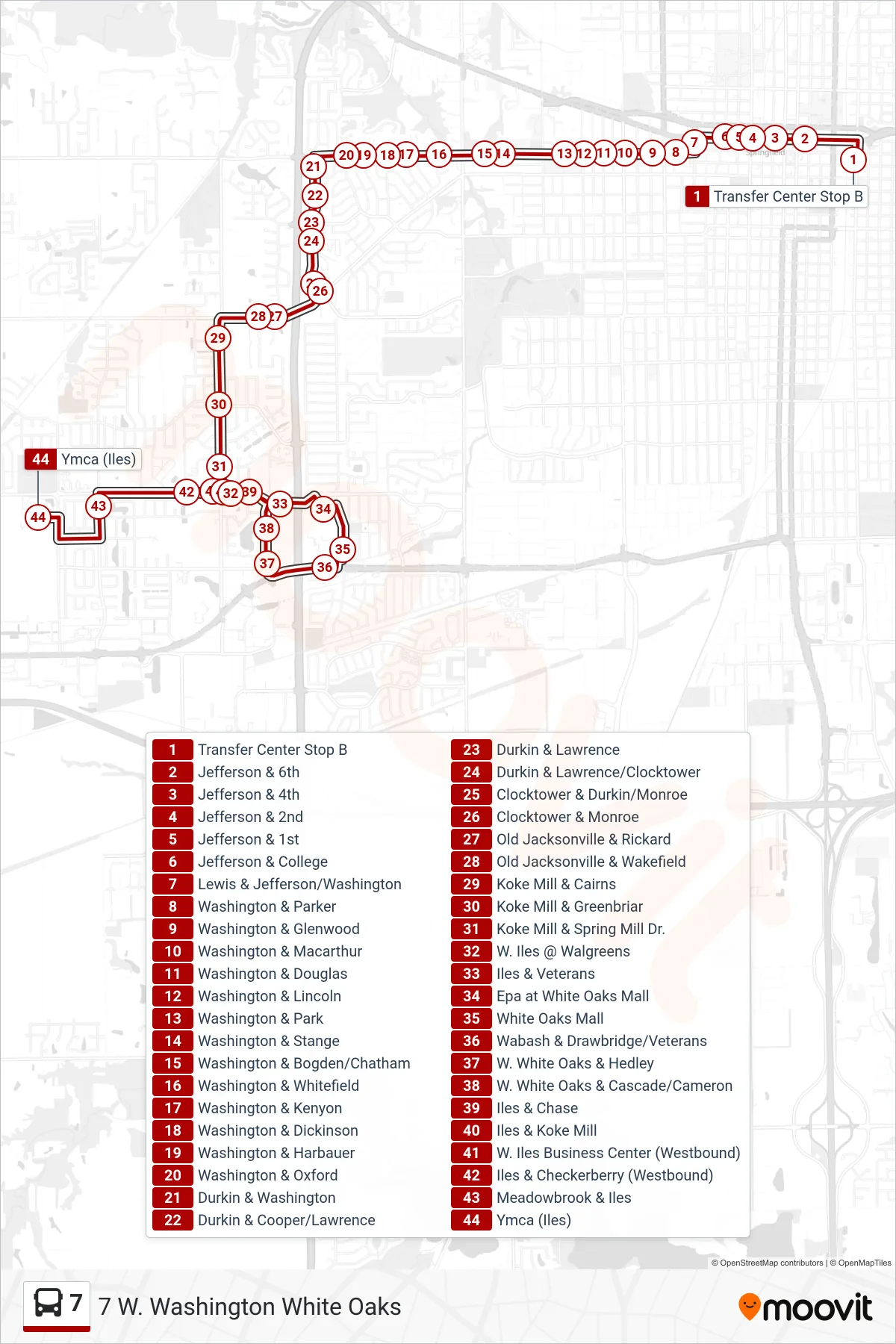 7 bus Line (7 W. Washington White Oaks) route and stops on a map
