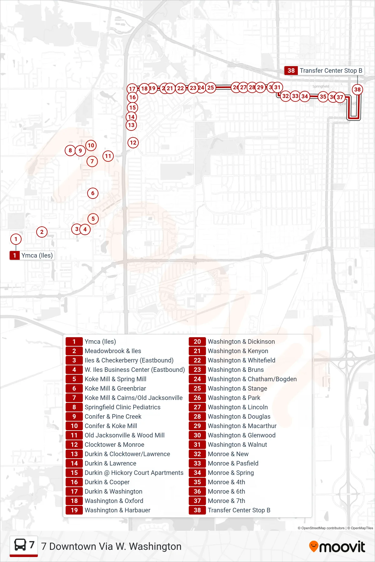 7 bus Line (7 Downtown Via W. Washington) route and stops on a map