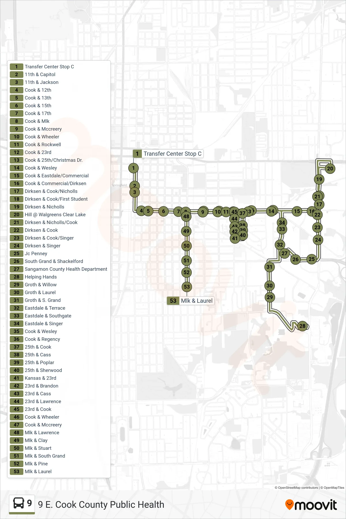 9 bus Line (9 E. Cook County Public Health) route and stops on a map