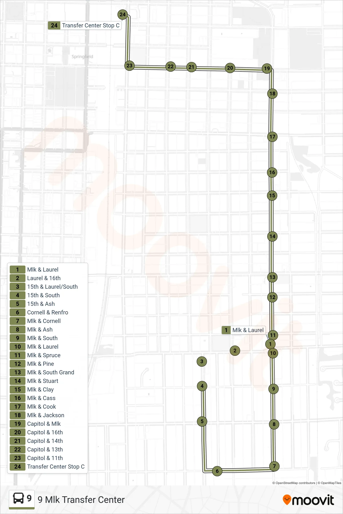 9 bus Line (9 Mlk Transfer Center) route and stops on a map