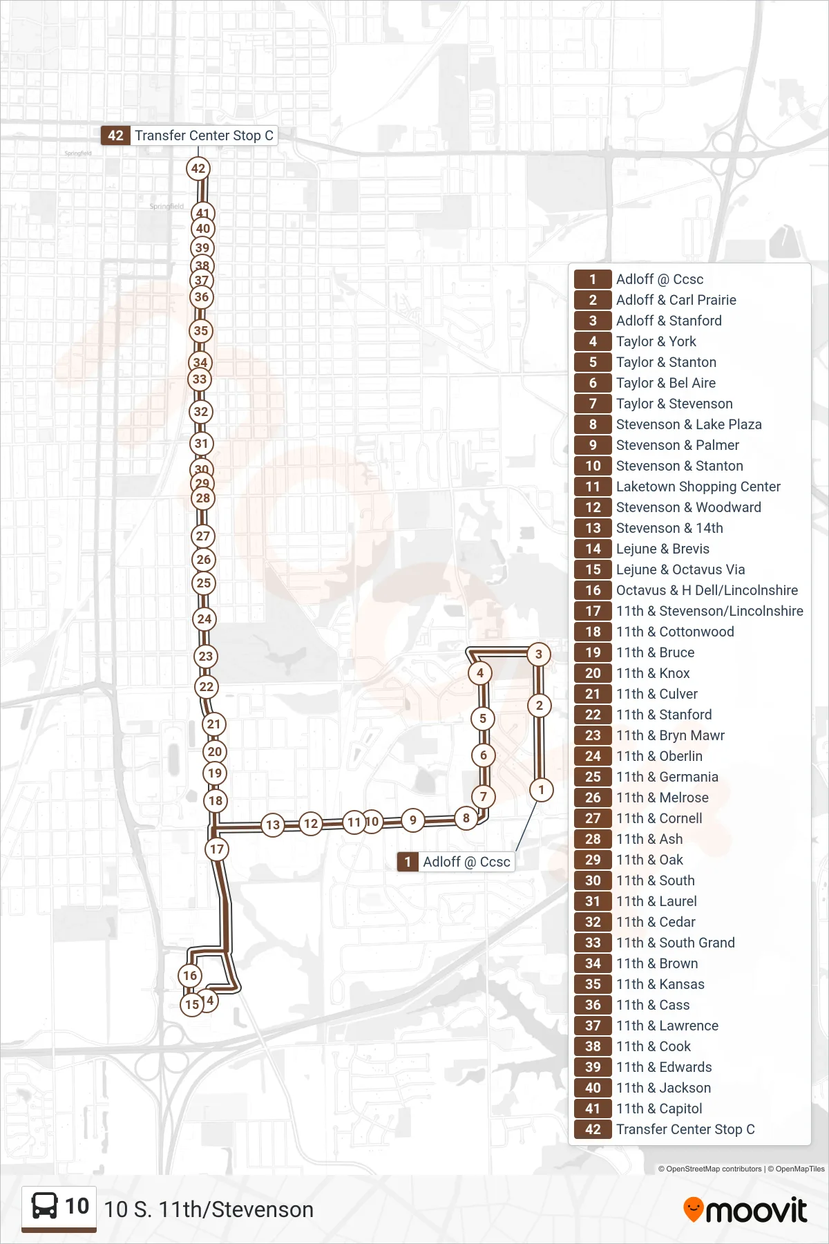 10 bus Line (10 S. 11th/Stevenson) route and stops on a map