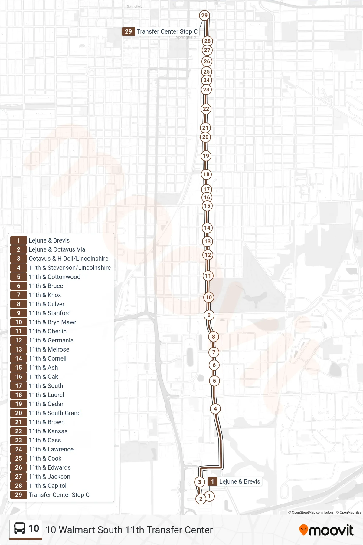 10 bus Line (10 Walmart South 11th Transfer Center) route and stops on a map
