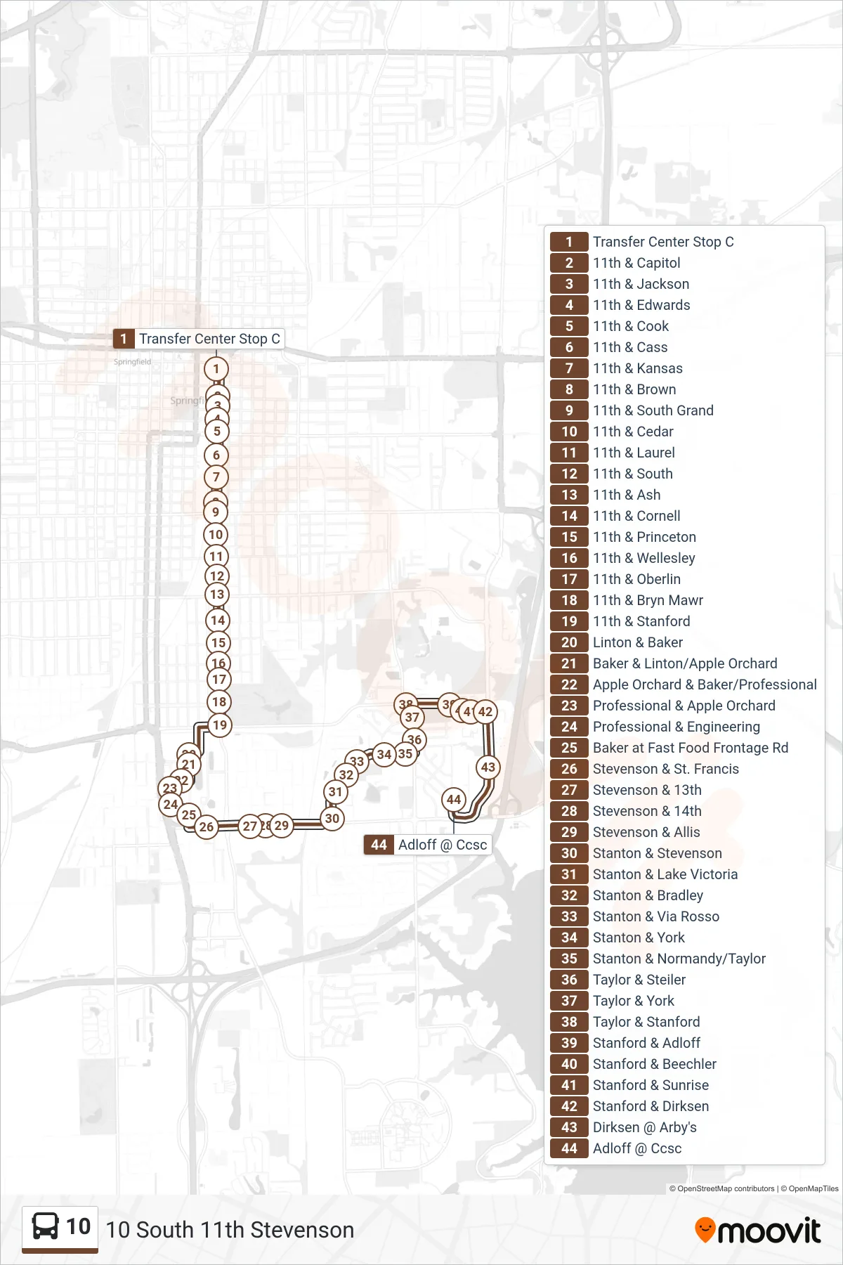 10 bus Line (10 South 11th Stevenson) route and stops on a map