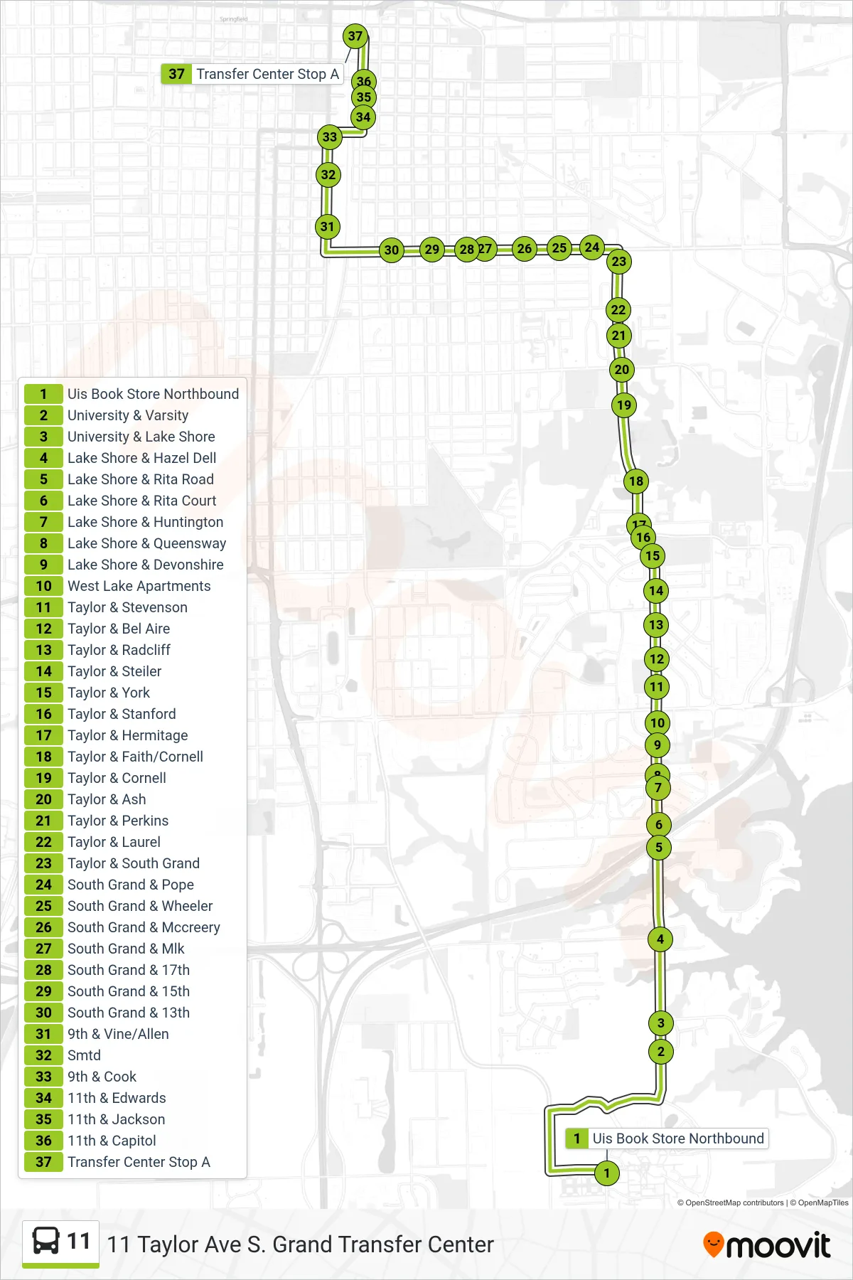 11 bus Line (11 Taylor Ave S. Grand Transfer Center) route and stops on a map