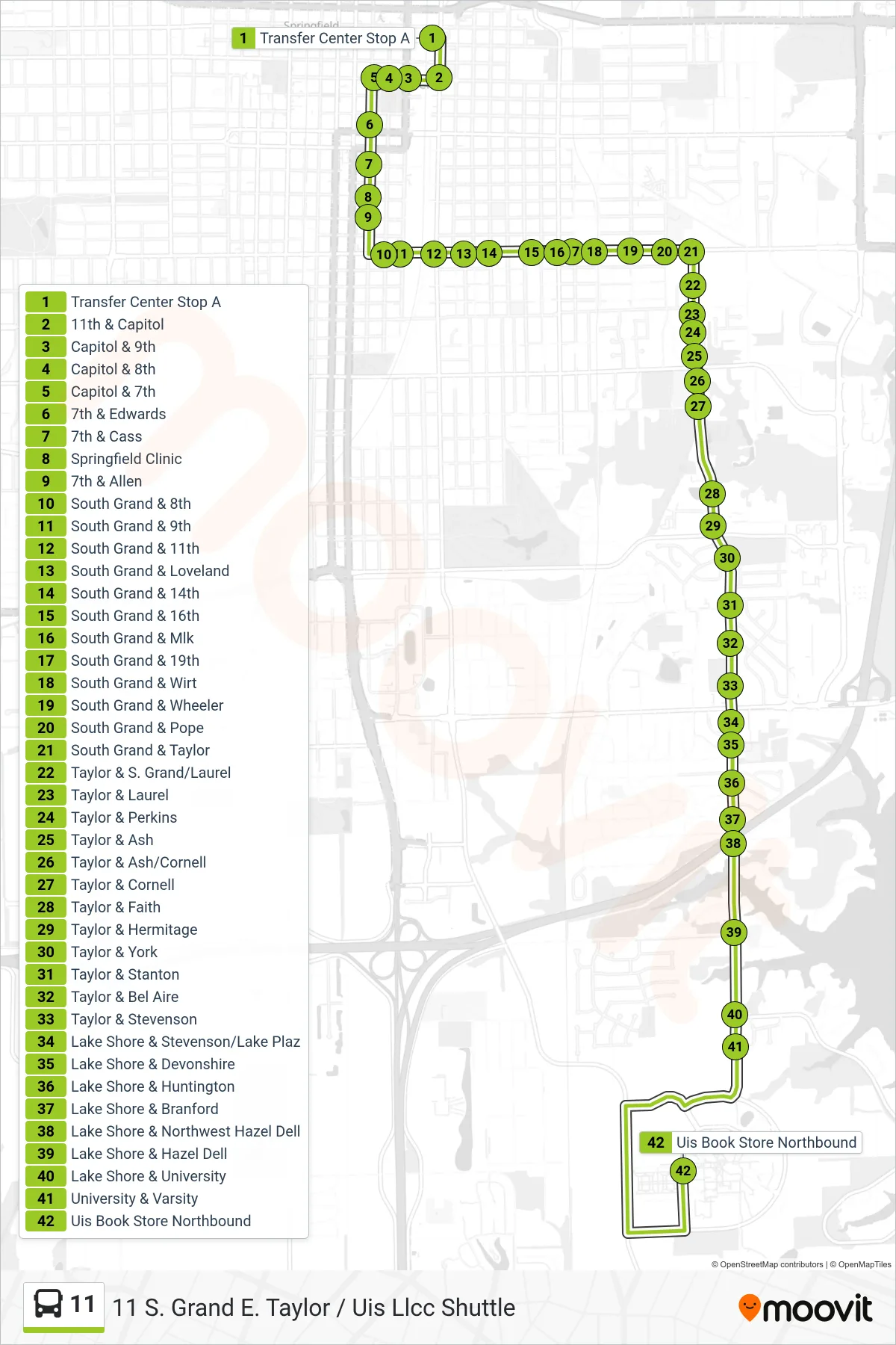 11 bus Line (11 S. Grand E. Taylor / Uis Llcc Shuttle) route and stops on a map