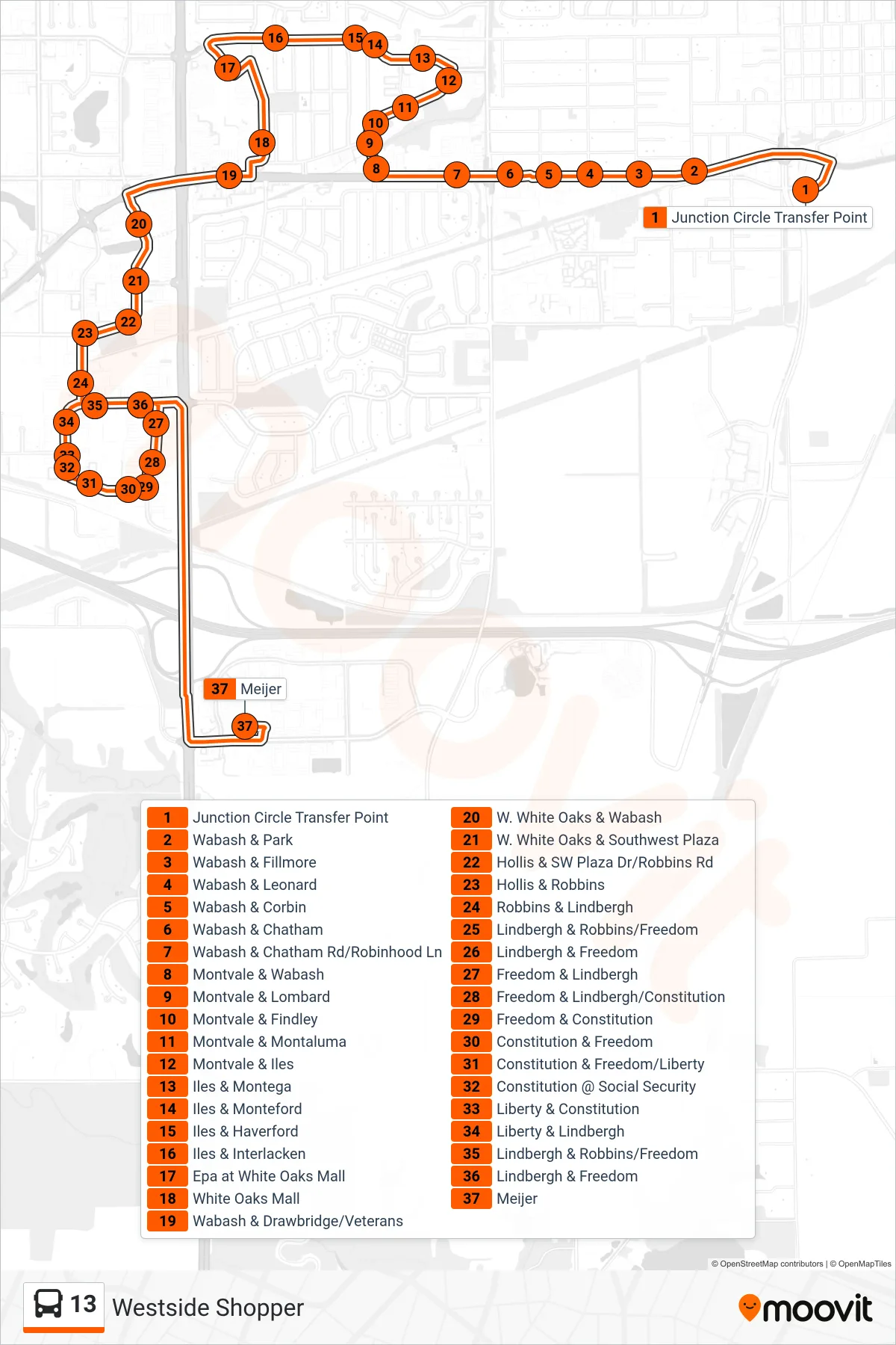 13 bus Line (13 Westside Shopper Meijer) route and stops on a map