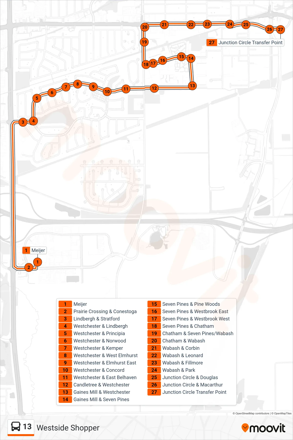 13 bus Line (13 Westside Shopper Junction Circle) route and stops on a map