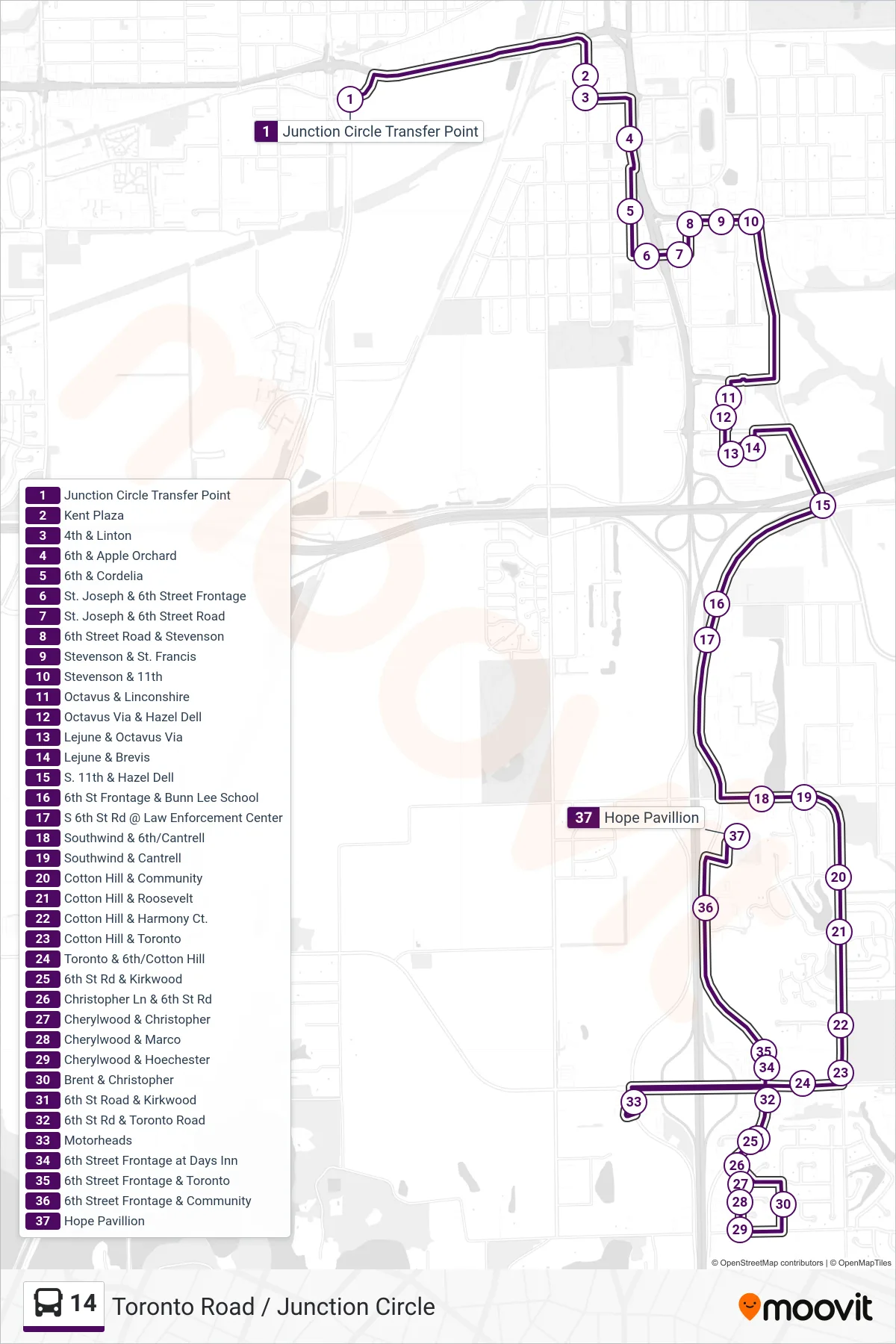 14 bus Line (14 Walmart Toronto Rd Hope Pavillion) route and stops on a map