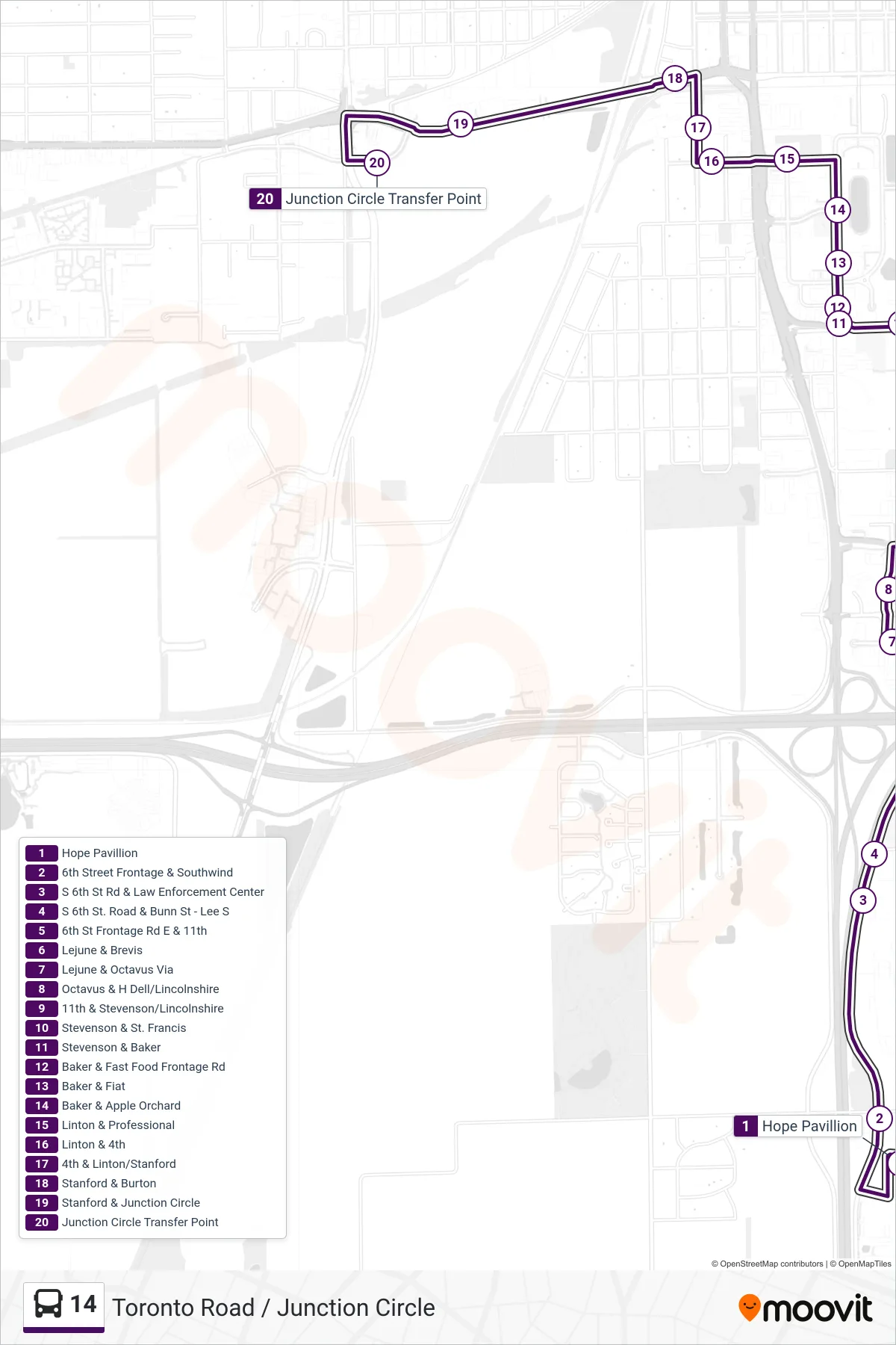 14 bus Line (14 Walmart Junction Cir) route and stops on a map