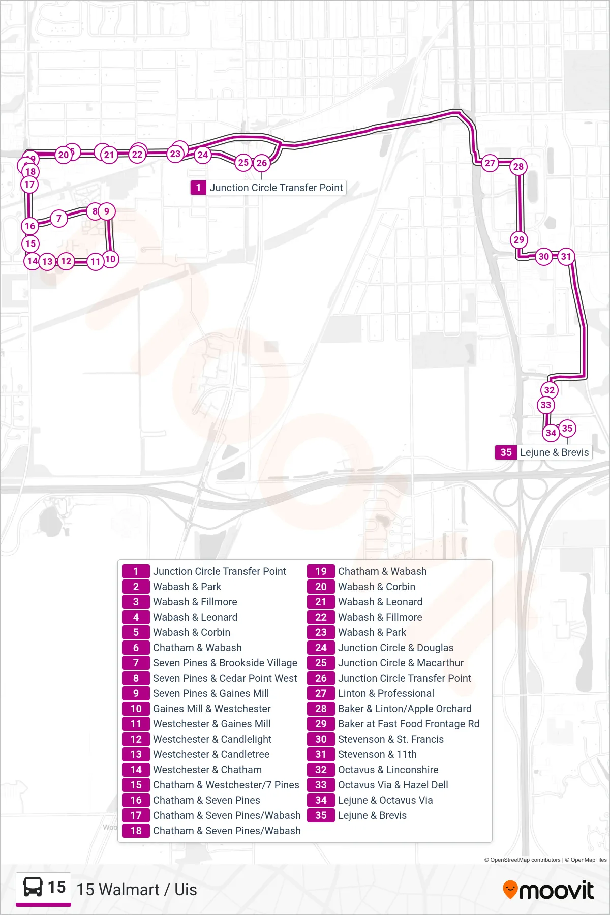 15 bus Line (15 Walmart / Uis) route and stops on a map