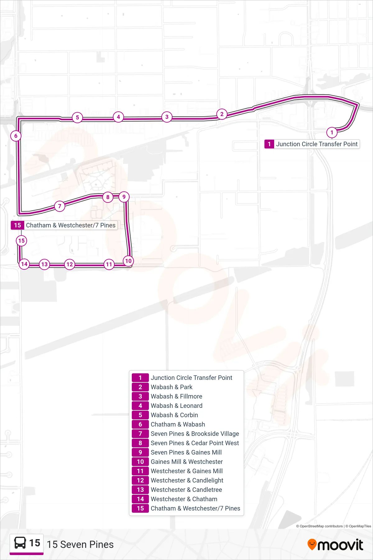 15 bus Line (15 Seven Pines) route and stops on a map
