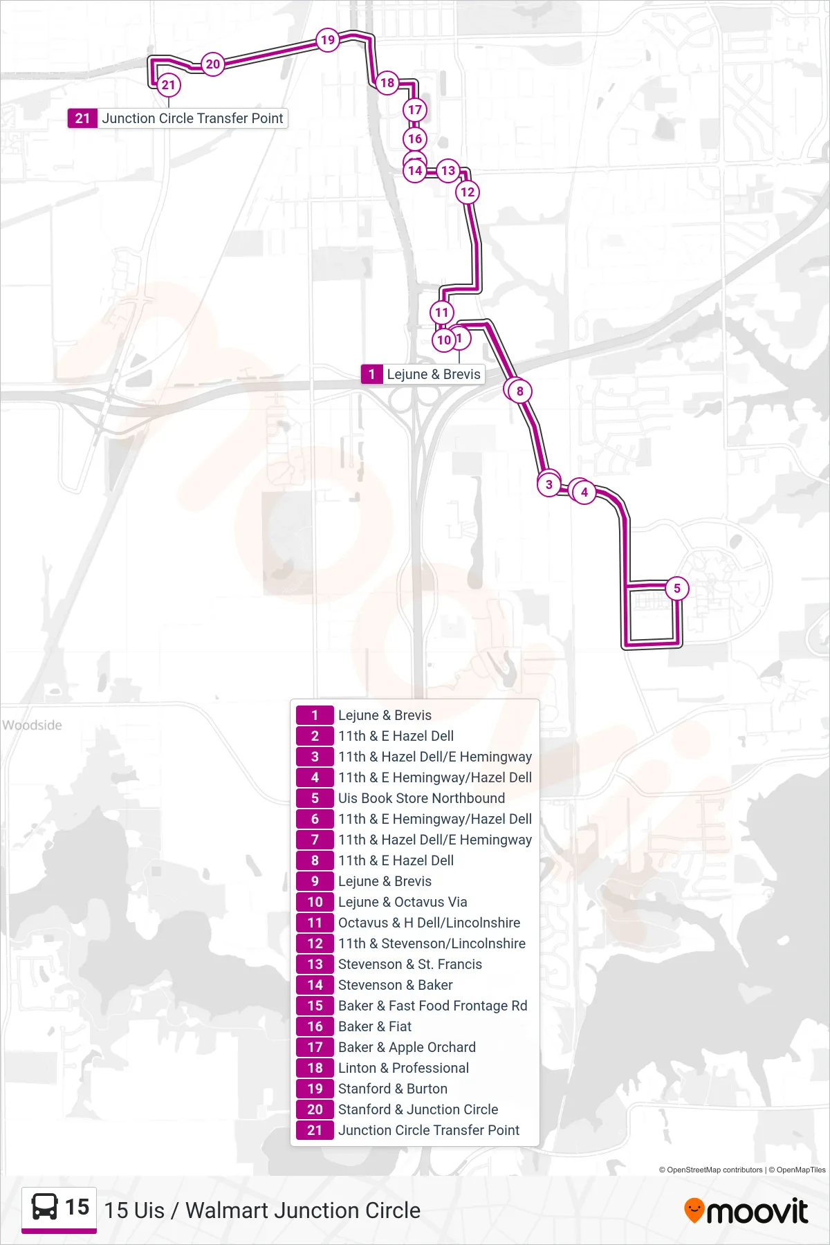 15 bus Line (15 Uis / Walmart Junction Circle) route and stops on a map