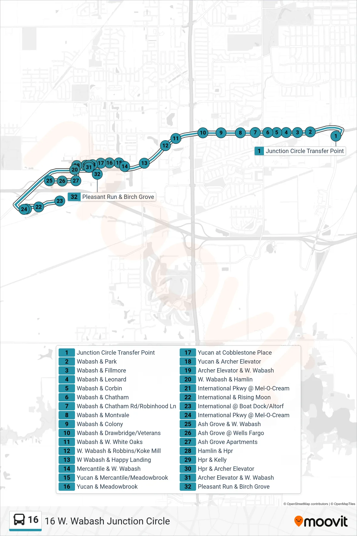 16 bus Line (16 W. Wabash Junction Circle) route and stops on a map