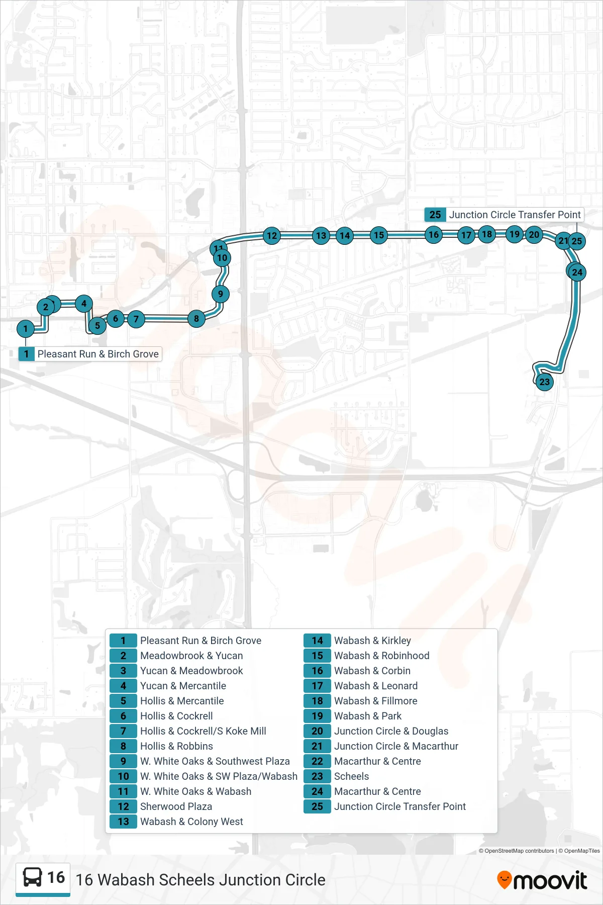 16 bus Line (16 Wabash Scheels Junction Circle) route and stops on a map