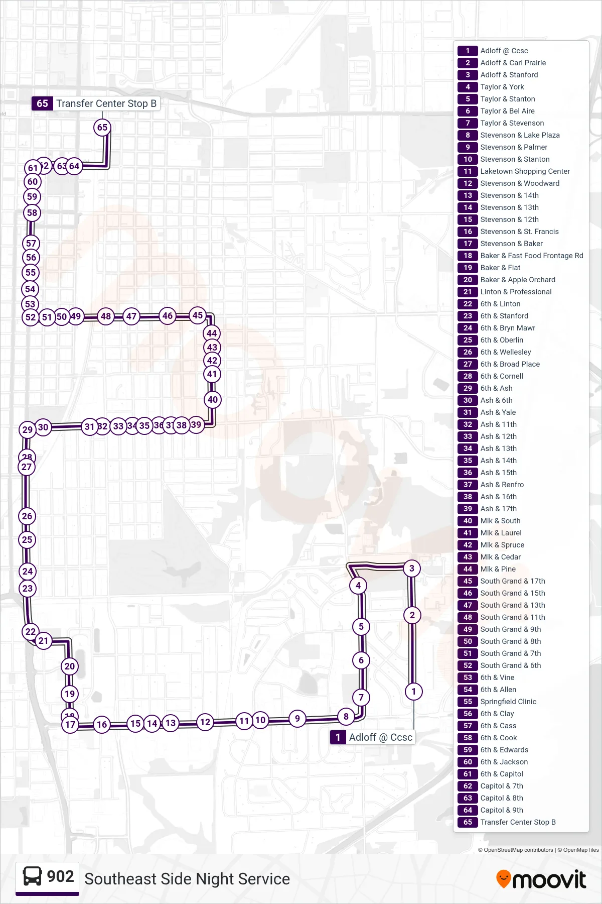 902 bus Line (902 Night South Transfer Center) route and stops on a map