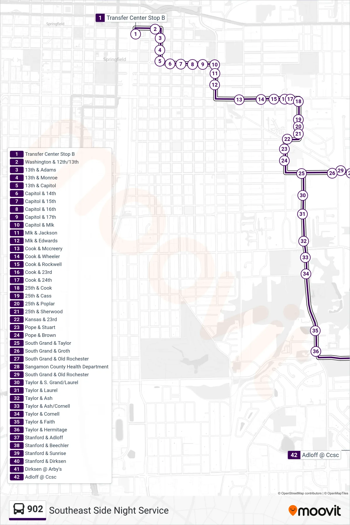 902 bus Line (902 Night South) route and stops on a map