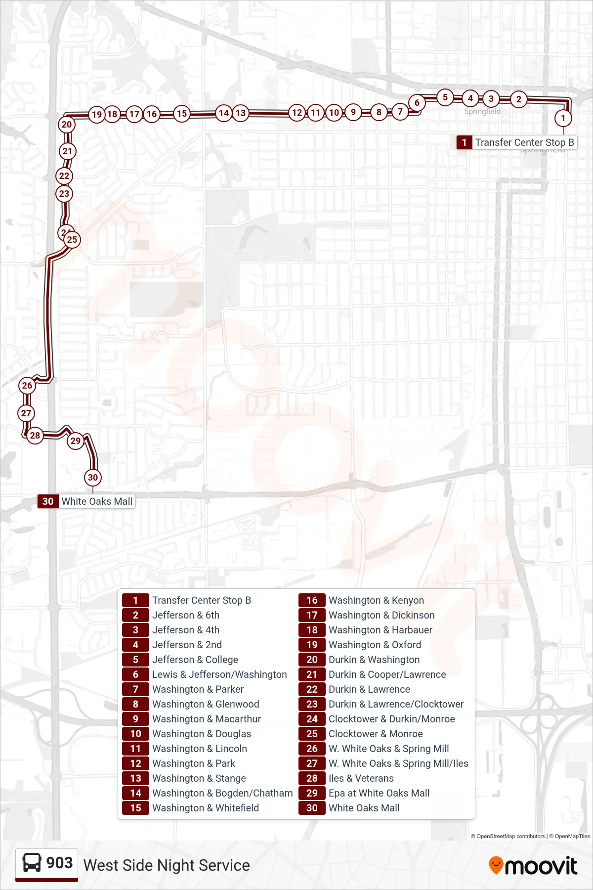 903 bus Line (903 Night Westside Via Washington) route and stops on a map