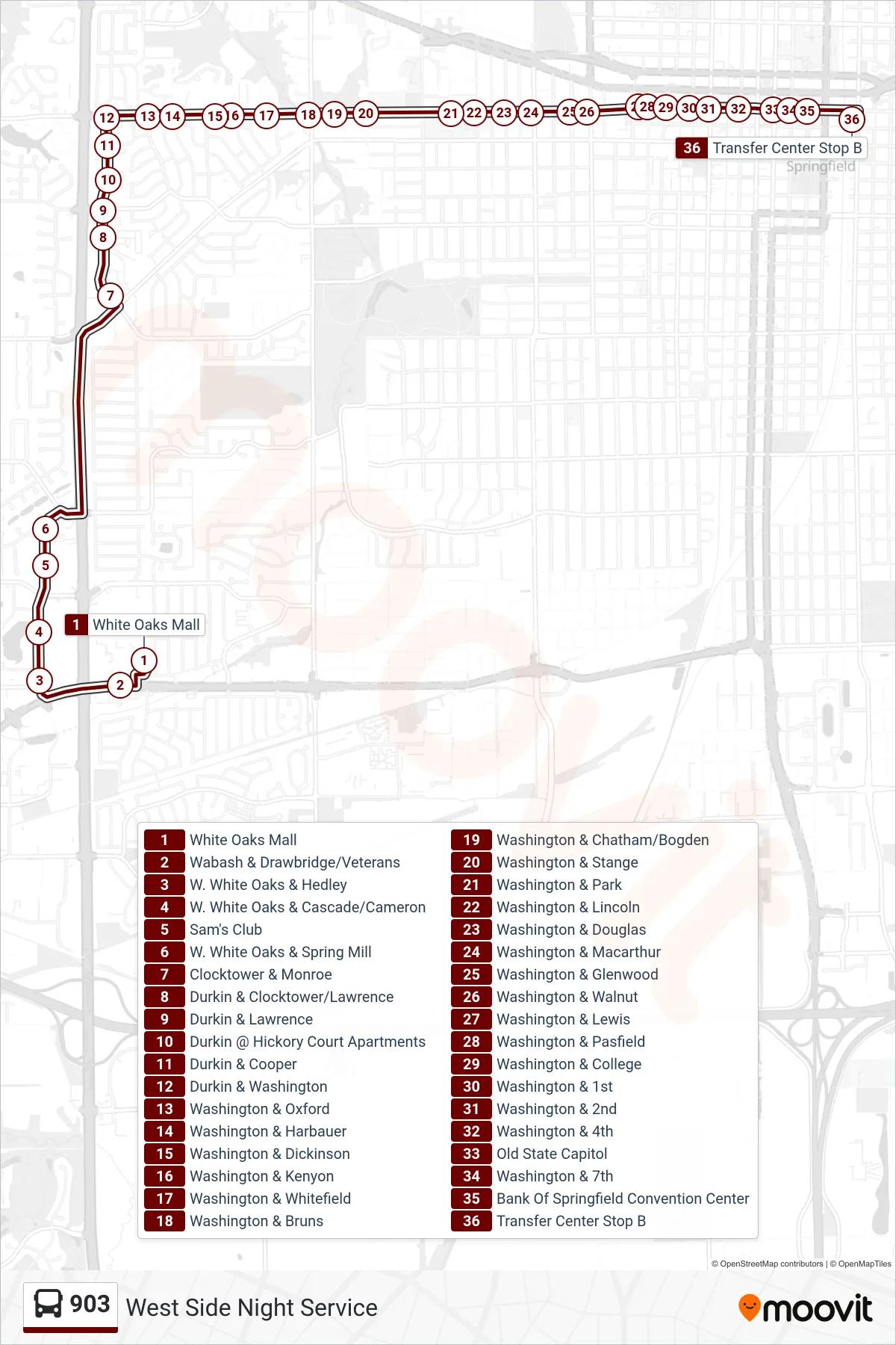 903 bus Line (903 Night Westside Transfer Center) route and stops on a map