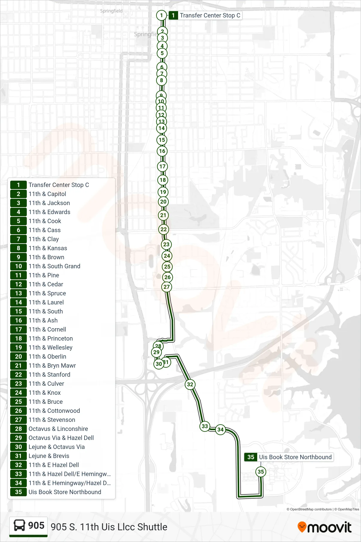 905 bus Line (905 S. 11th Uis Llcc Shuttle) route and stops on a map
