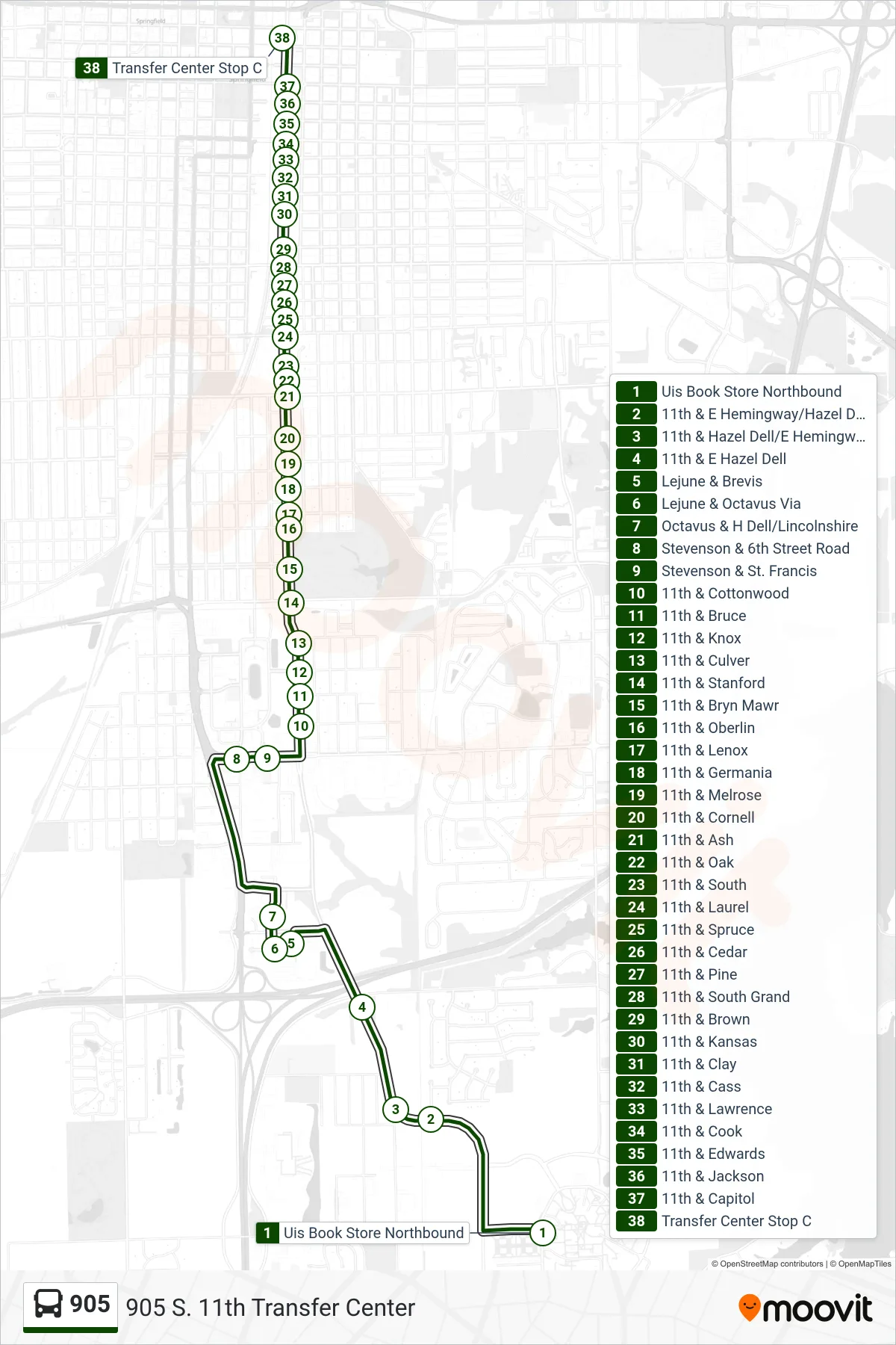 905 bus Line (905 S. 11th Transfer Center) route and stops on a map